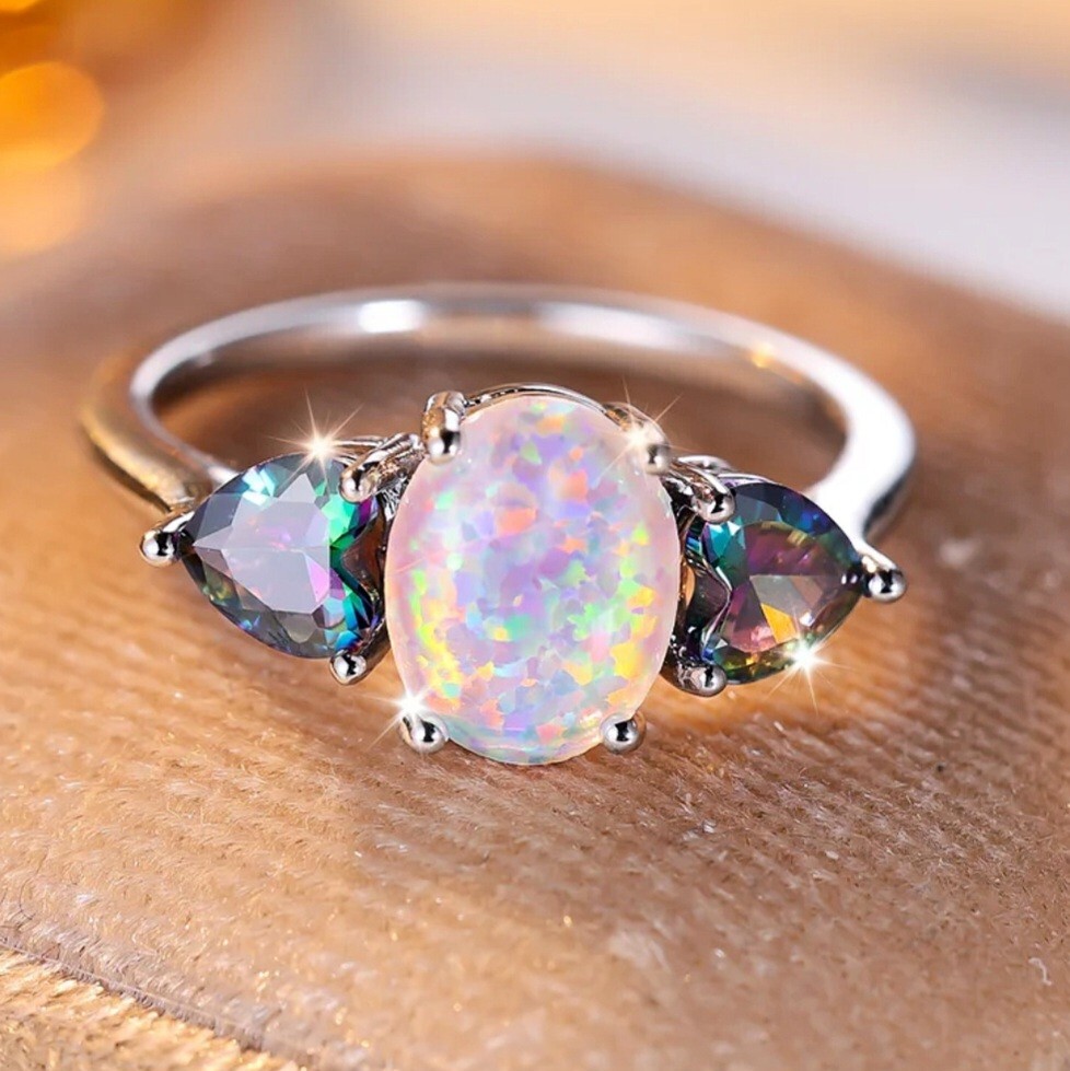 925 Sterling Silver Fire Rainbow Opal Mystical Topaz Engagement Ring Size 7