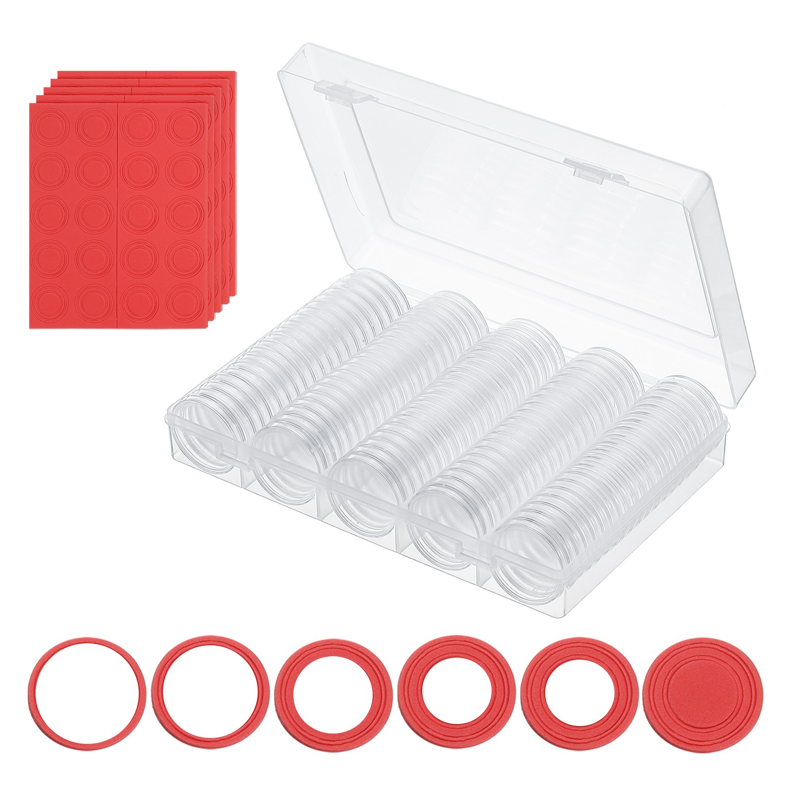 Coin Snap Holder, 100 Pack Round with Organizer Box Fit 17/20/25/27/30mm, Red