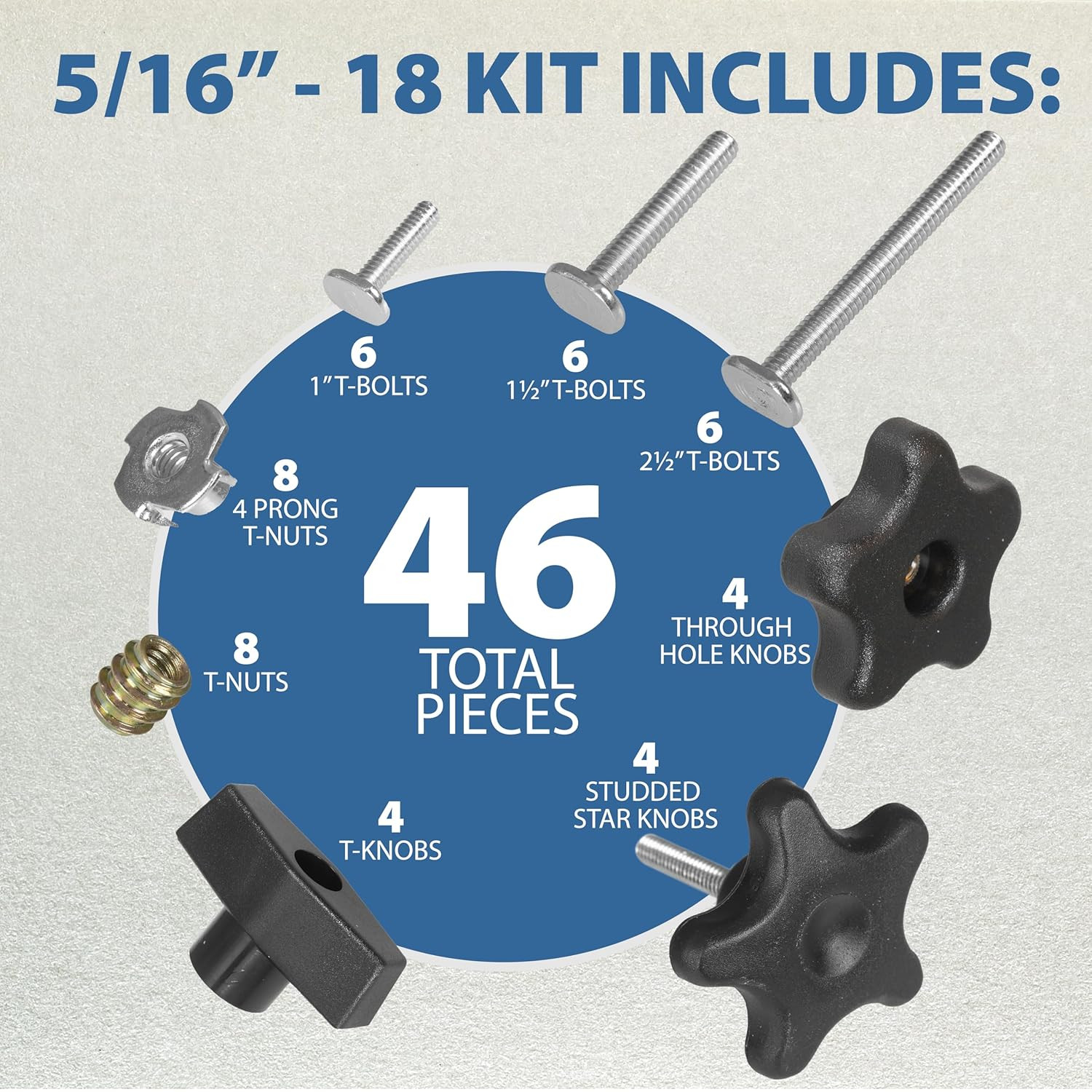 46 PC T Track Bolts Knobs Kit 5/16”-18 T Bolts Threaded Knobs T Track Woodworker