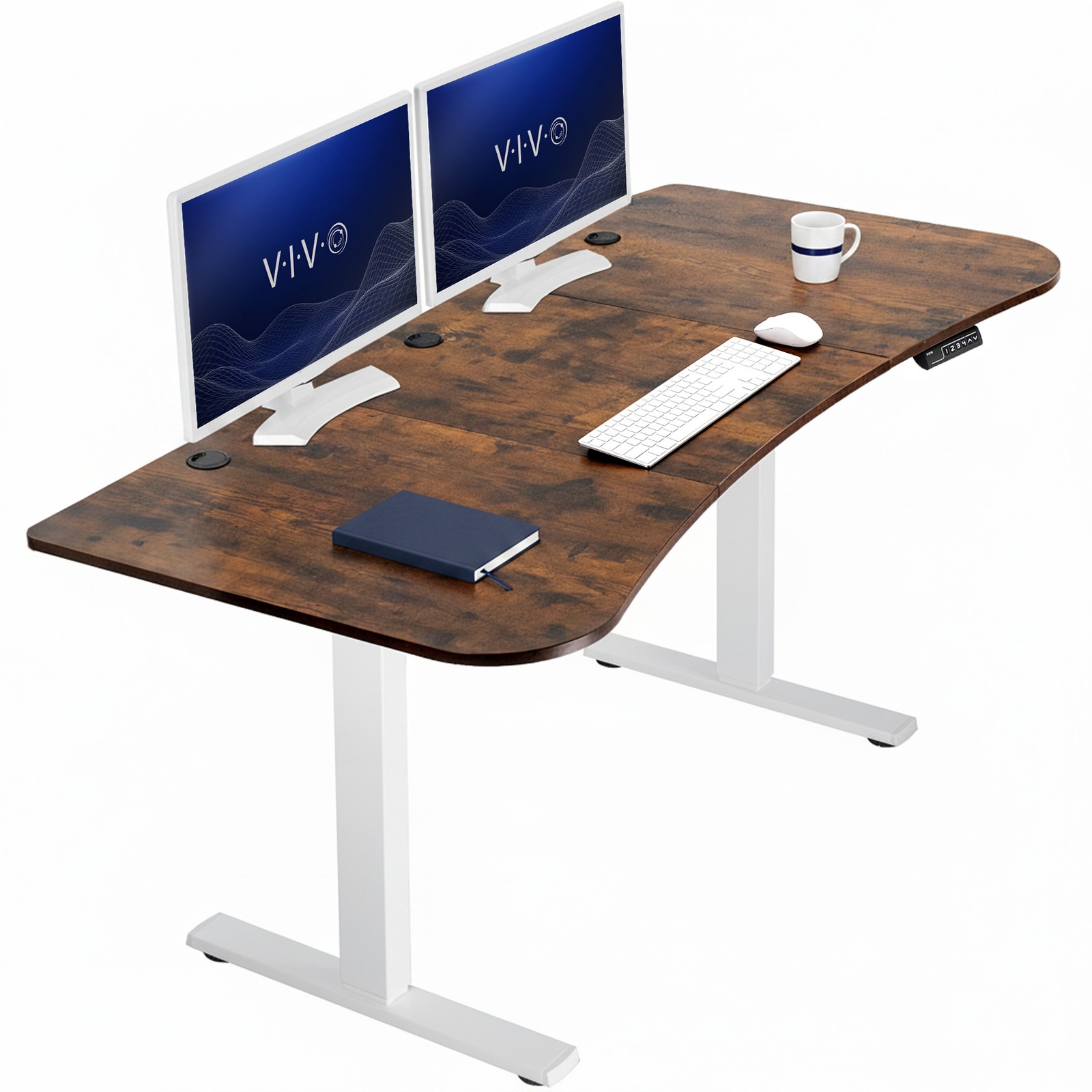 VIVO Electric 63” x 32” Standup Desk, Rustic Vintage Brown Tabletop, White Frame