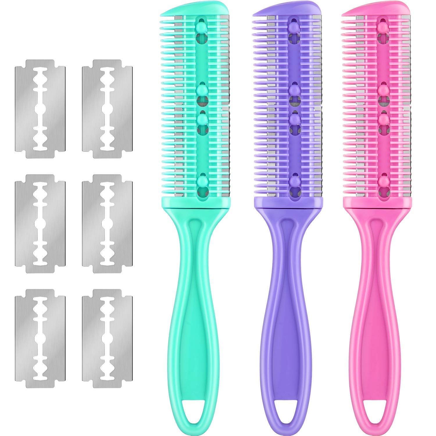 3 Pieces Hair Cutting Comb Set with 12 Razors Double Edge Razor Thinning Comb...