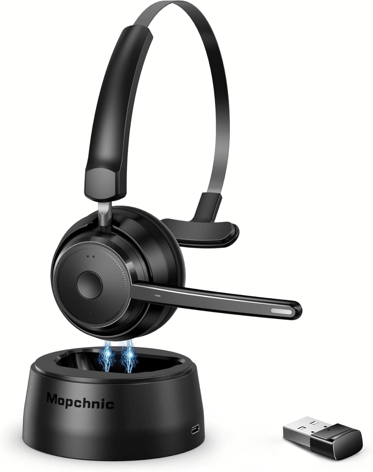Mopchnic Bluetooth Headset with Dongle and AI Noise-Canceling Microphone - Black