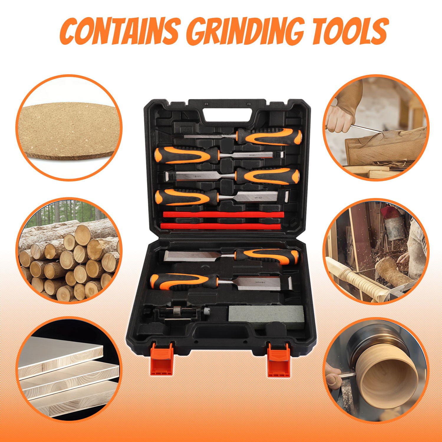 Wood Chisel Set (10pcs) with Rubber Handles & Carry Case - Pro-Grade