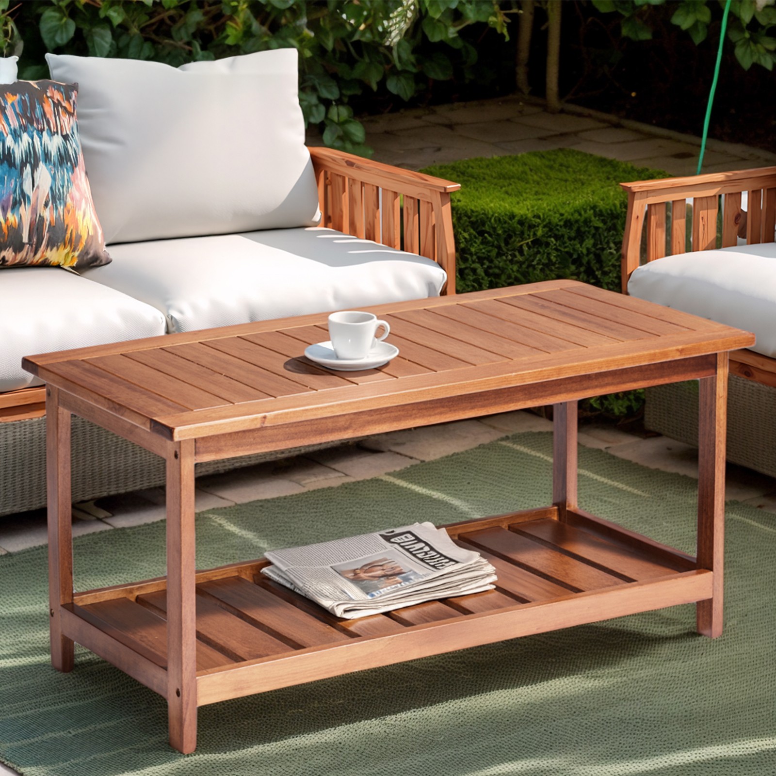 2-Tier In/Outdoor Patio Wood Coffee Table with Slatted Tabletop Storage Shelf
