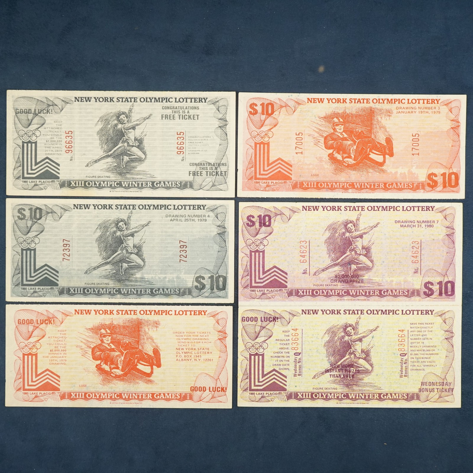 Lot of 6 1980 New York State Olympic Lottery Tickets - Free Shipping USA