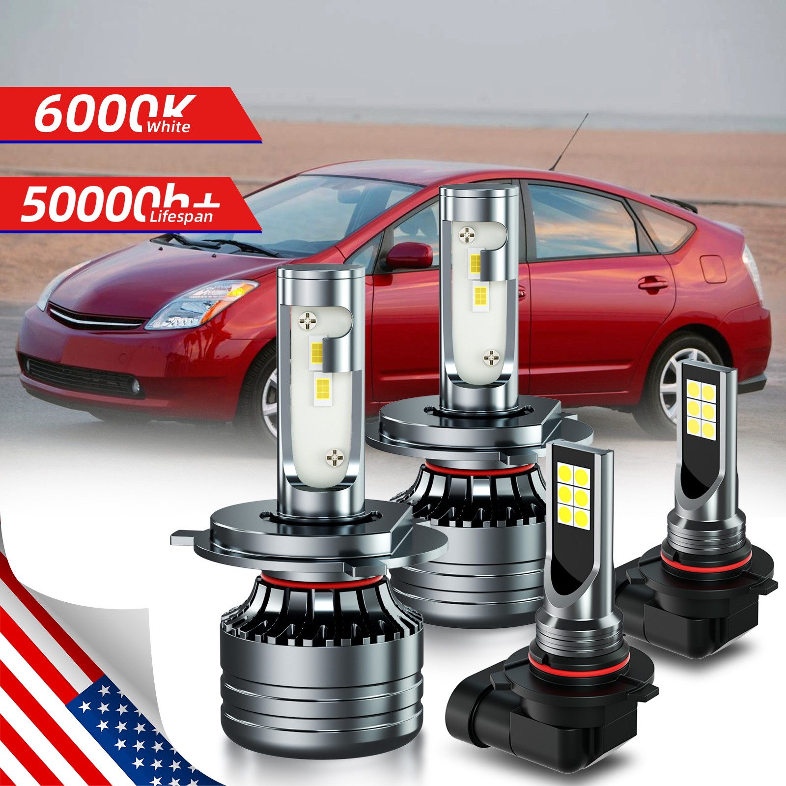For Toyota Prius 2004-2009 6000k LED Headlight Hi/Lo Beam Fog Light Bulbs Combo