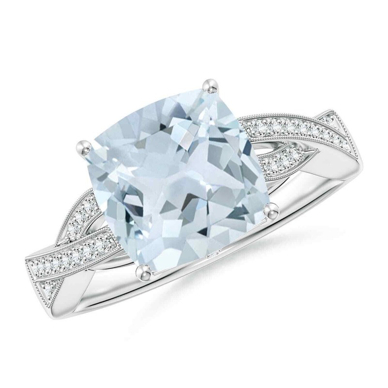 6MM Cushion Aquamarine Criss Cross Solitaire Accents Ring 925 Sterling Silver