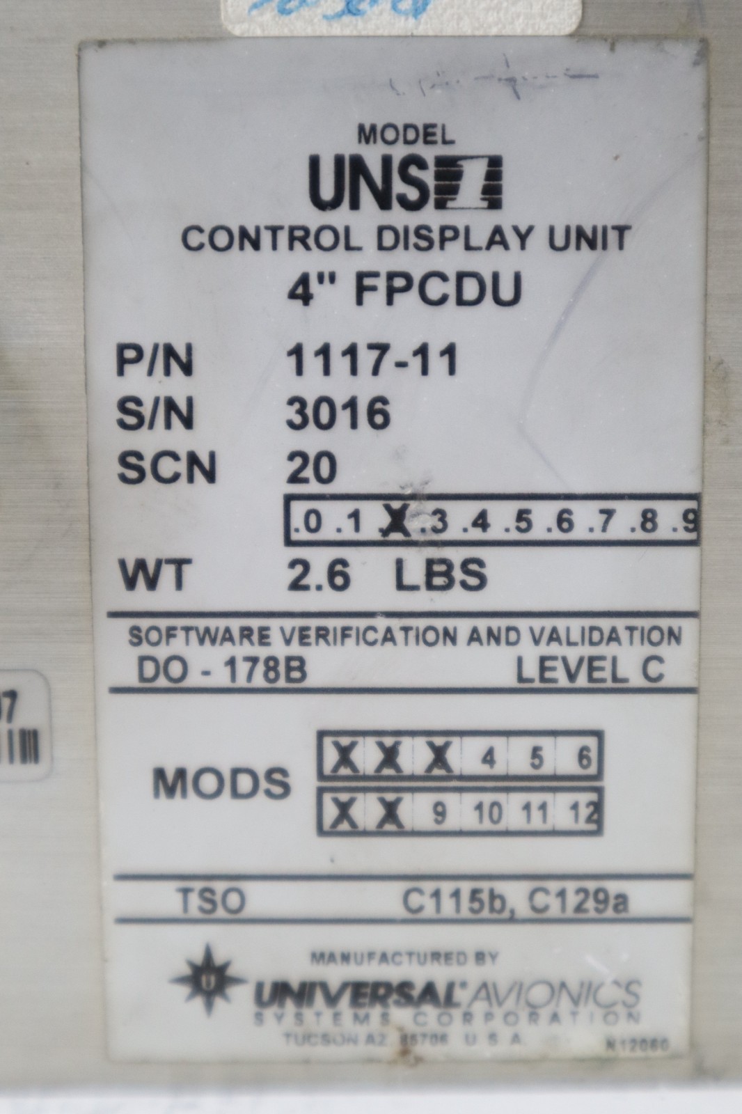 Universal Avionics UNS1 Control Display Unit 4" FPCDU 1117-11