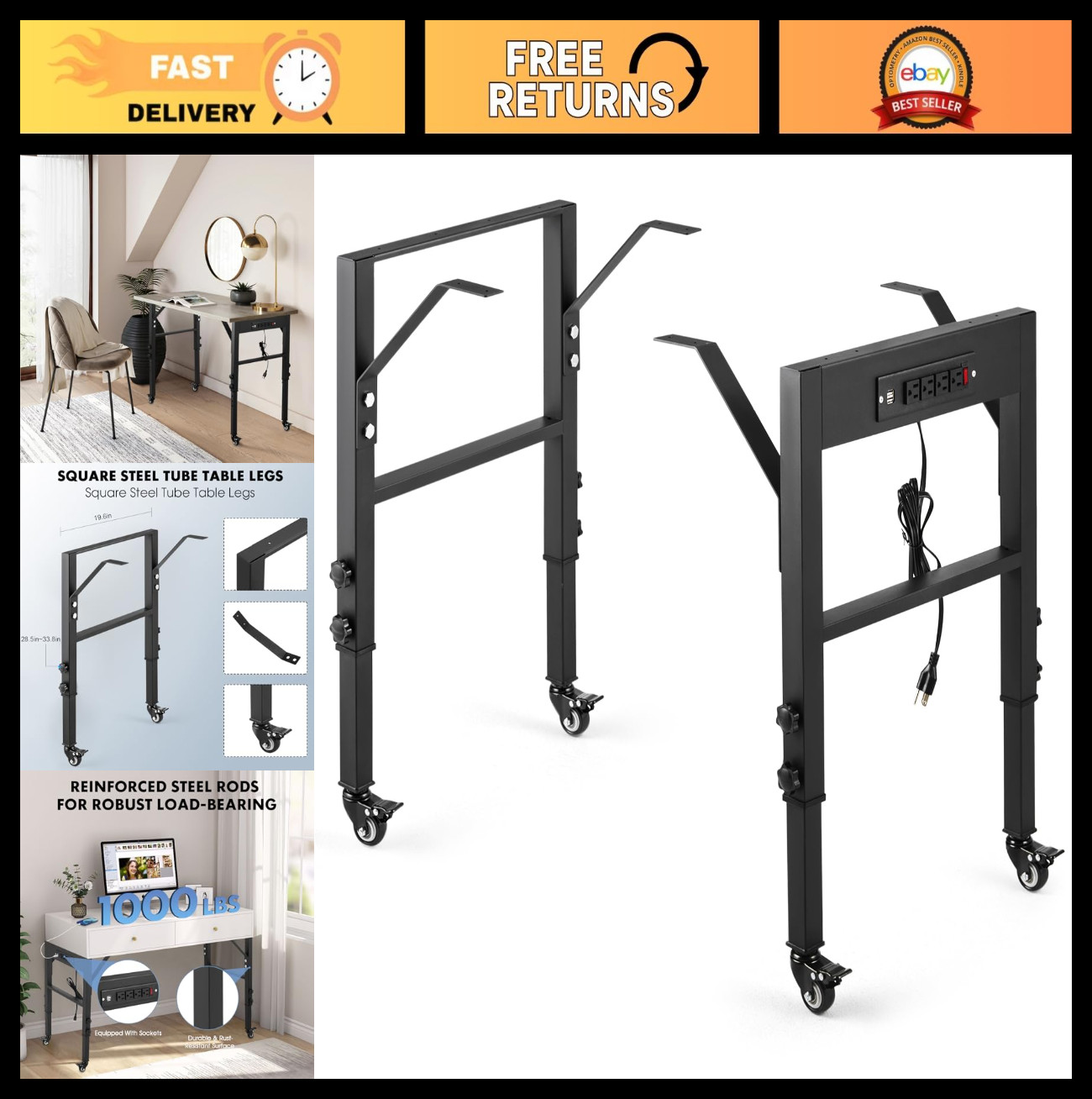 Height Adjustable Workbench Frame 19.6" Deep, Heavy Duty DIY Legs, 4 Wheels with