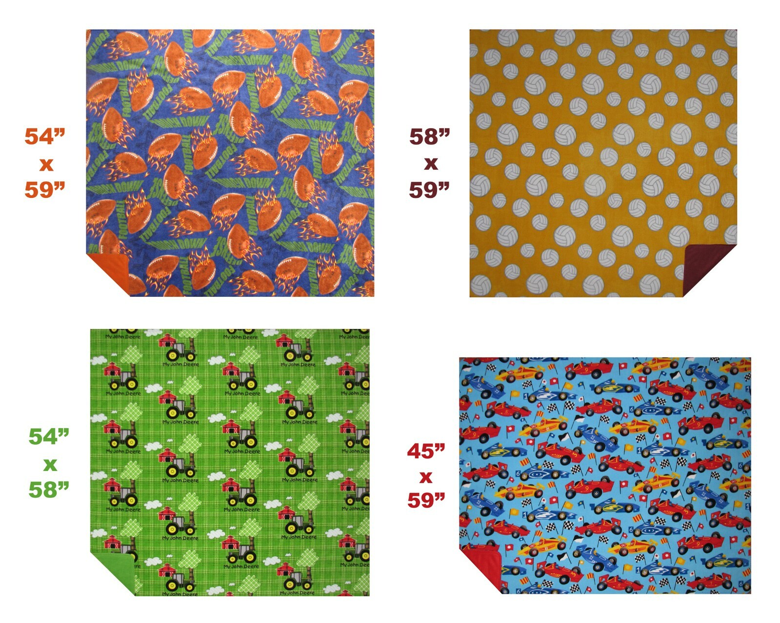 Fire Football, Volleyball, My John Deere & Race Cars Home Sewn Fleece Throws
