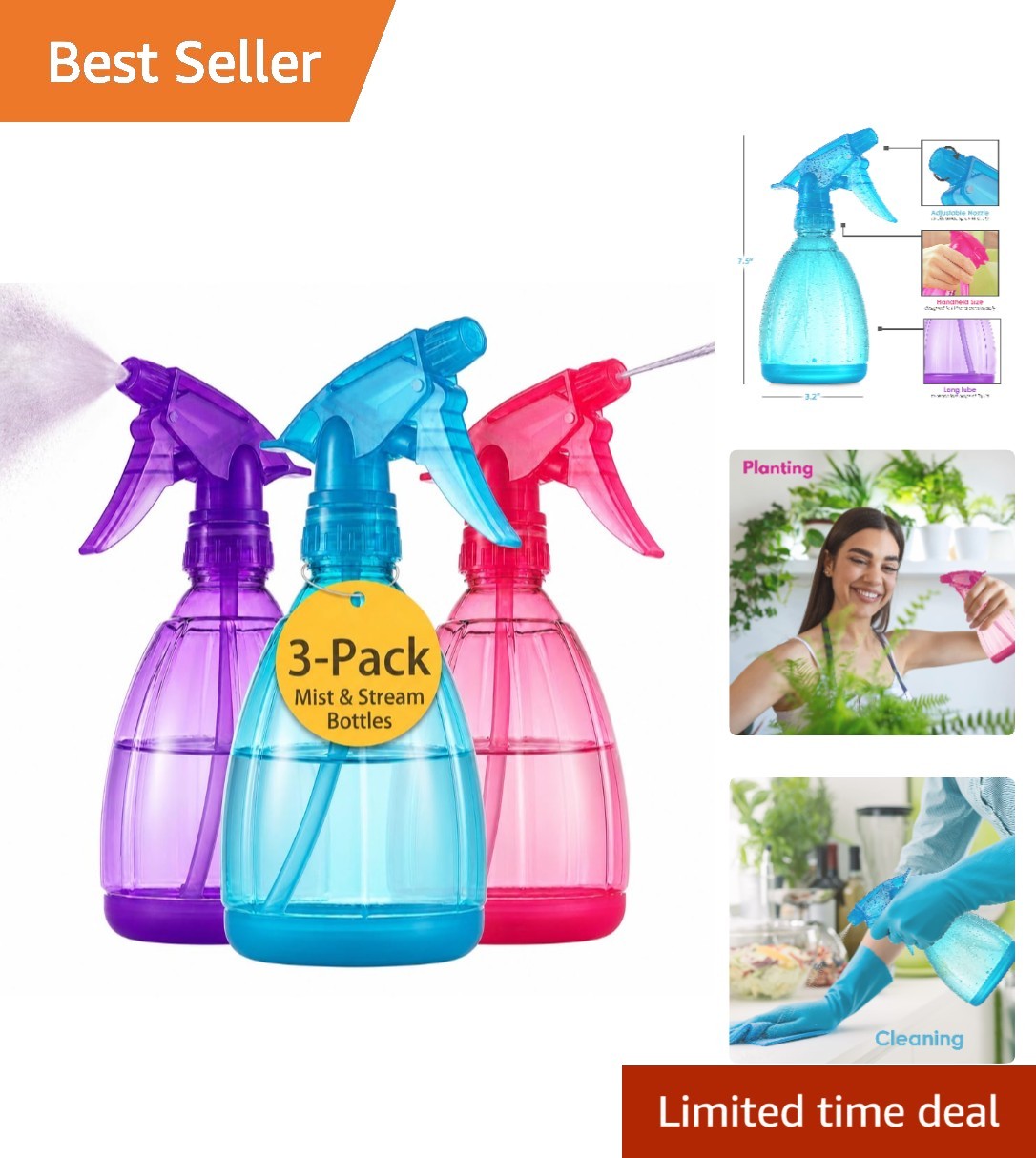 3-Pack Vibrant 12oz Spray Bottles - Perfect for Gardening, Cleaning & Cooking