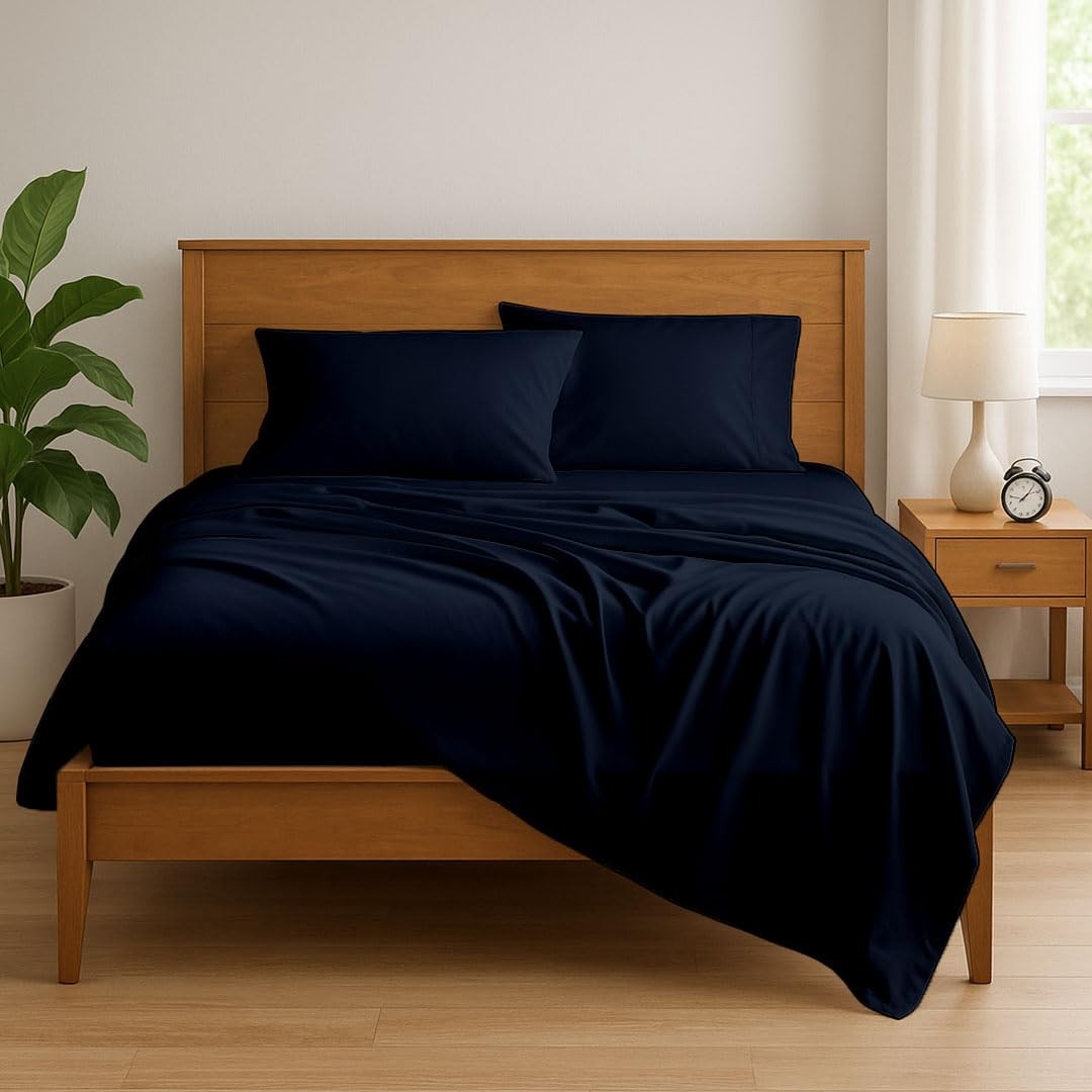 KRISHNA Premium 4 Piece Egyptian Cotton Rv Sheet Short Queen Navy Blue Solid
