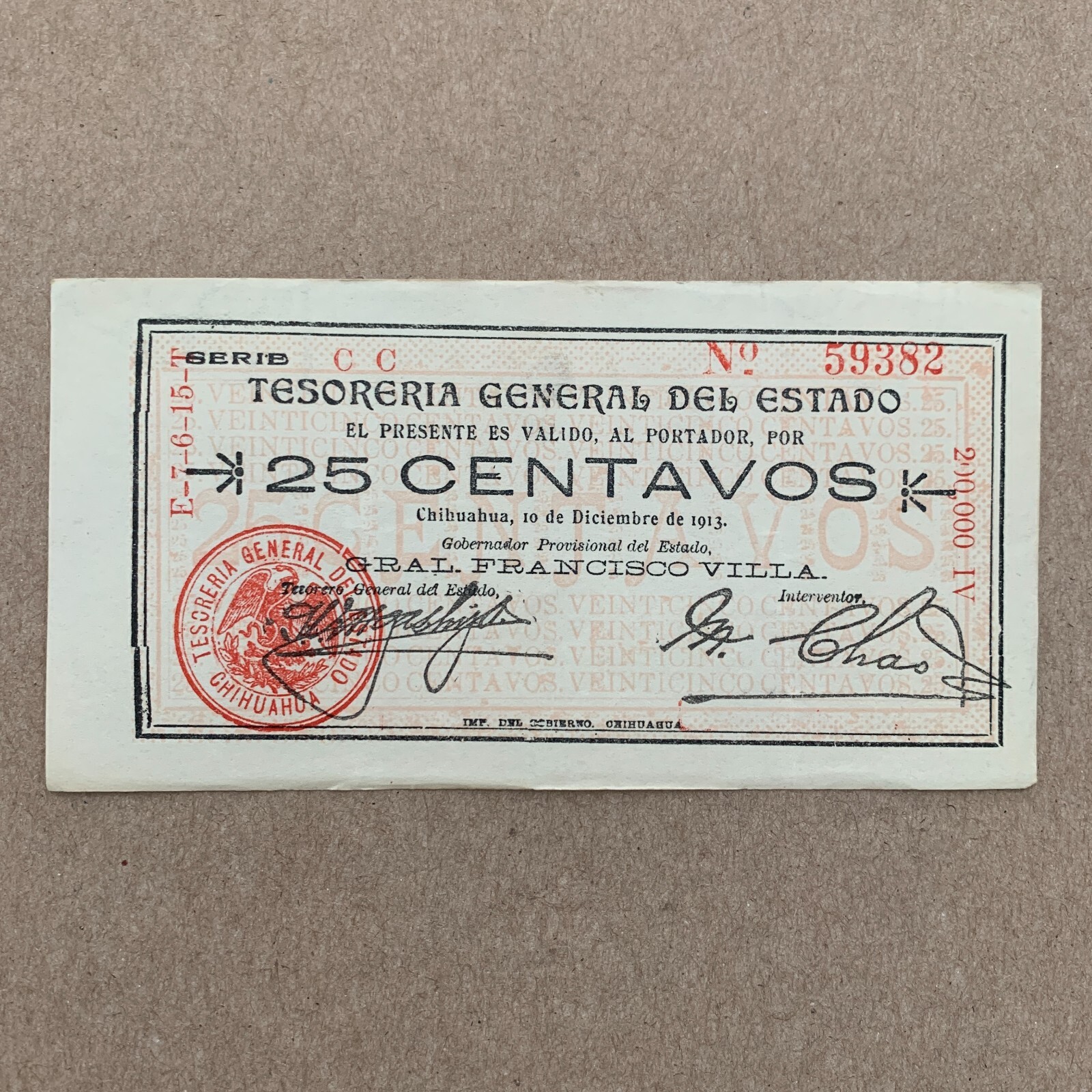 Rare PANCHO VILLA Banknote Mexico 25 Centavos Mexican Currency. Chihuahua Money