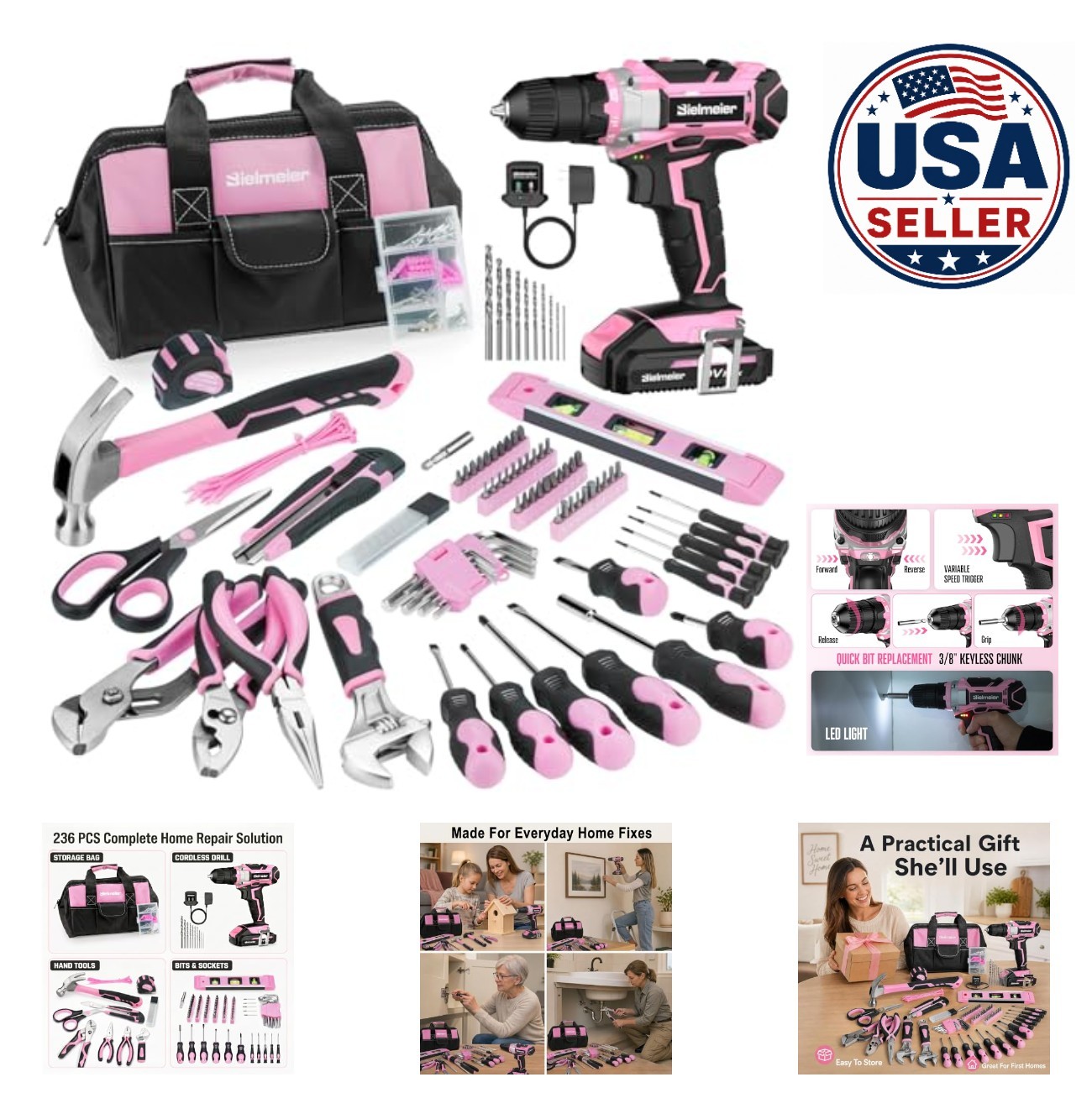 Cordless Drill Set 236 Pieces 20V Pink Power Tool Kit with Battery Bag for