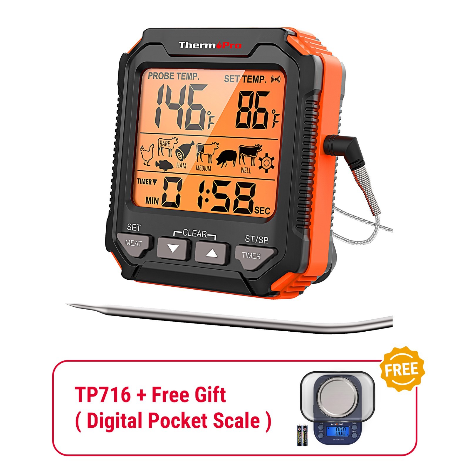 TempPro TP716 Leave-In Digital Meat Thermometer for Oven Grill BBQ Stovetop