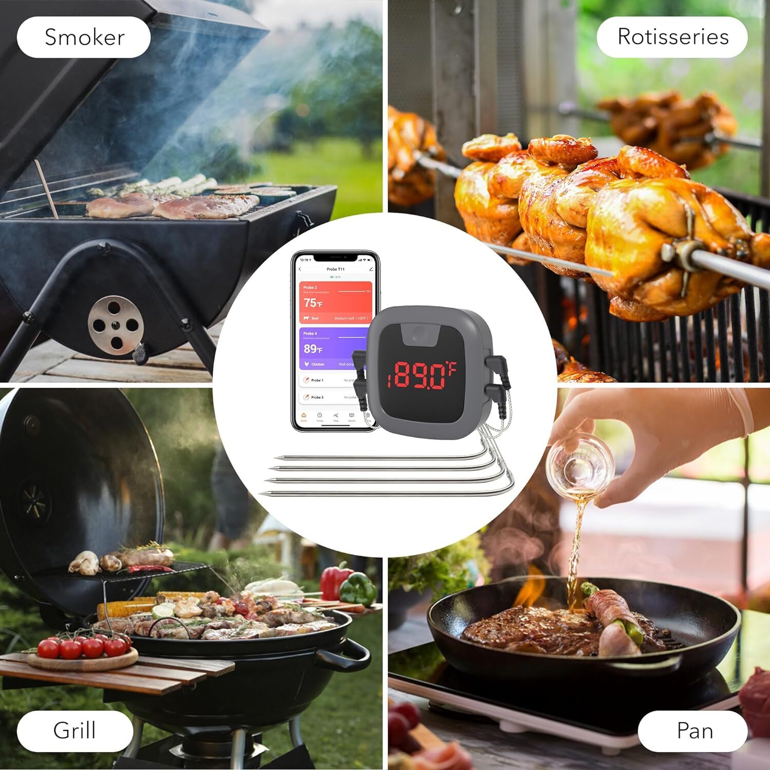 HBN Wireless Bluetooth Meat Grill Thermometer Kit with 4 Probes, Alarm & Timer