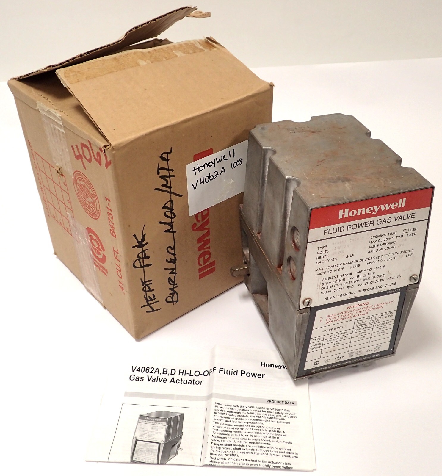 HONEYWELL V4062A 1008 2 FLUID POWER GAS VALVE ACTUATOR HI-LO-OFF 110/120V