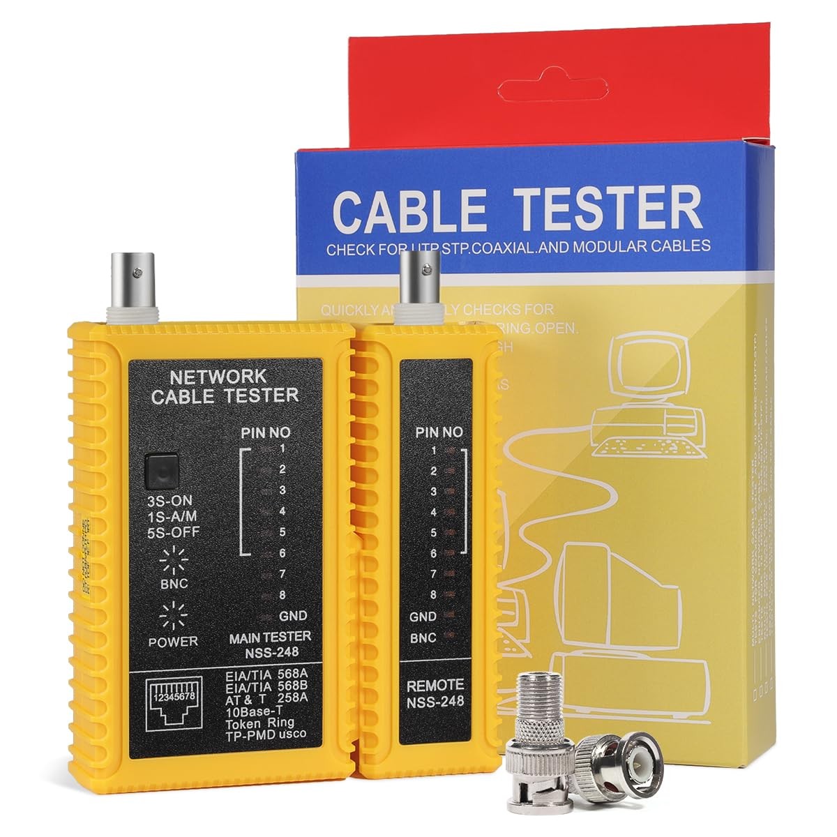 Coaxial(Coax) Cable Tester Portable BNC F-Style RJ45 Ethernet Yellow
