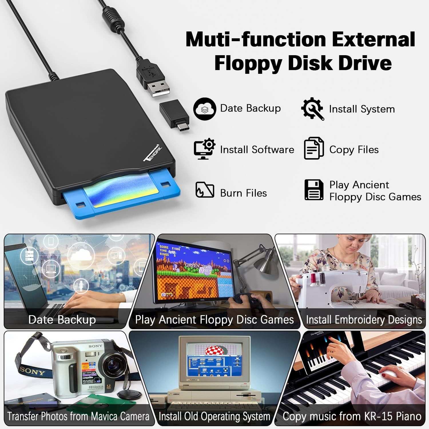 Tendak USB Floppy Disk Drive, Floppy Disk Reader 3.5 inch Portable USB Extern...