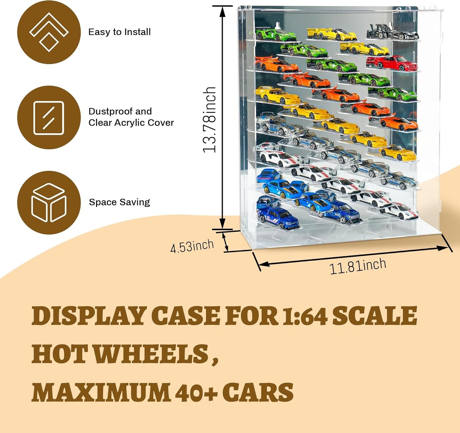 Car Display Case 33 Pc Acrylic LED Light Mirrored Wheels Model 1/64 Diecast Rack
