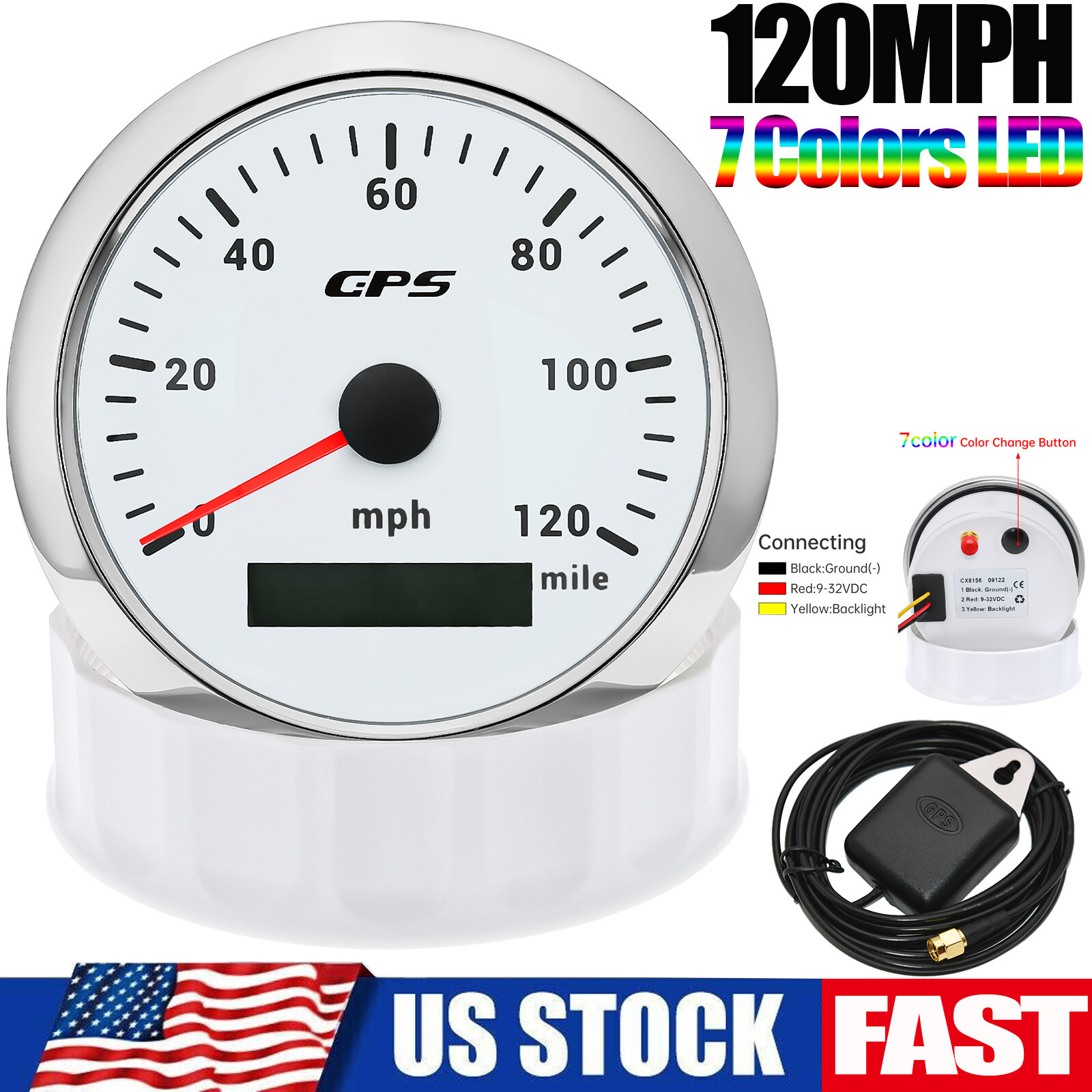 85mm White GPS Speedometer 0-120MPH Gauge Waterproof for Motorcycles Boat Car US