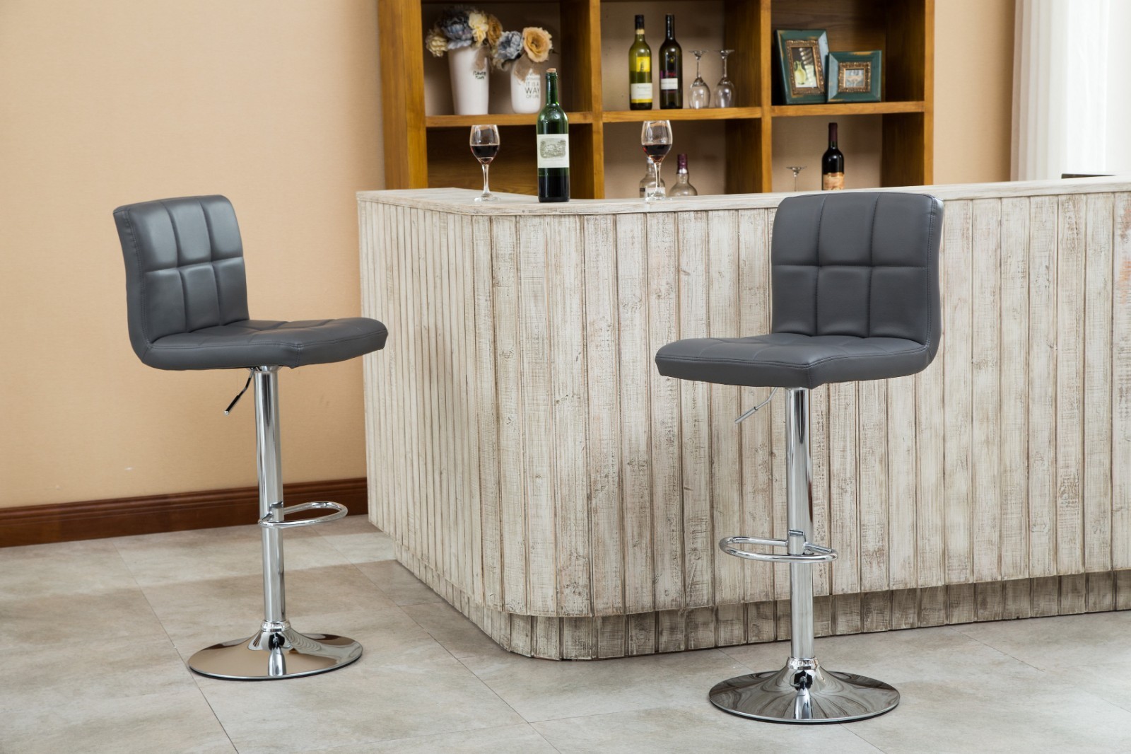 Swivel Adjustable Hydraulic Bar Stools Set of 2 Gray Faux Leather