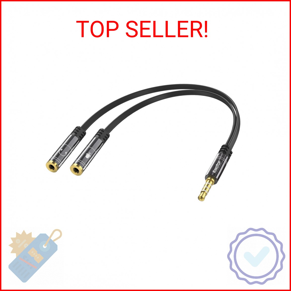 KINGTOP 3.5mm Headphone Mic Splitter Adapter - [1 Male to 2 Female] Headset Spli