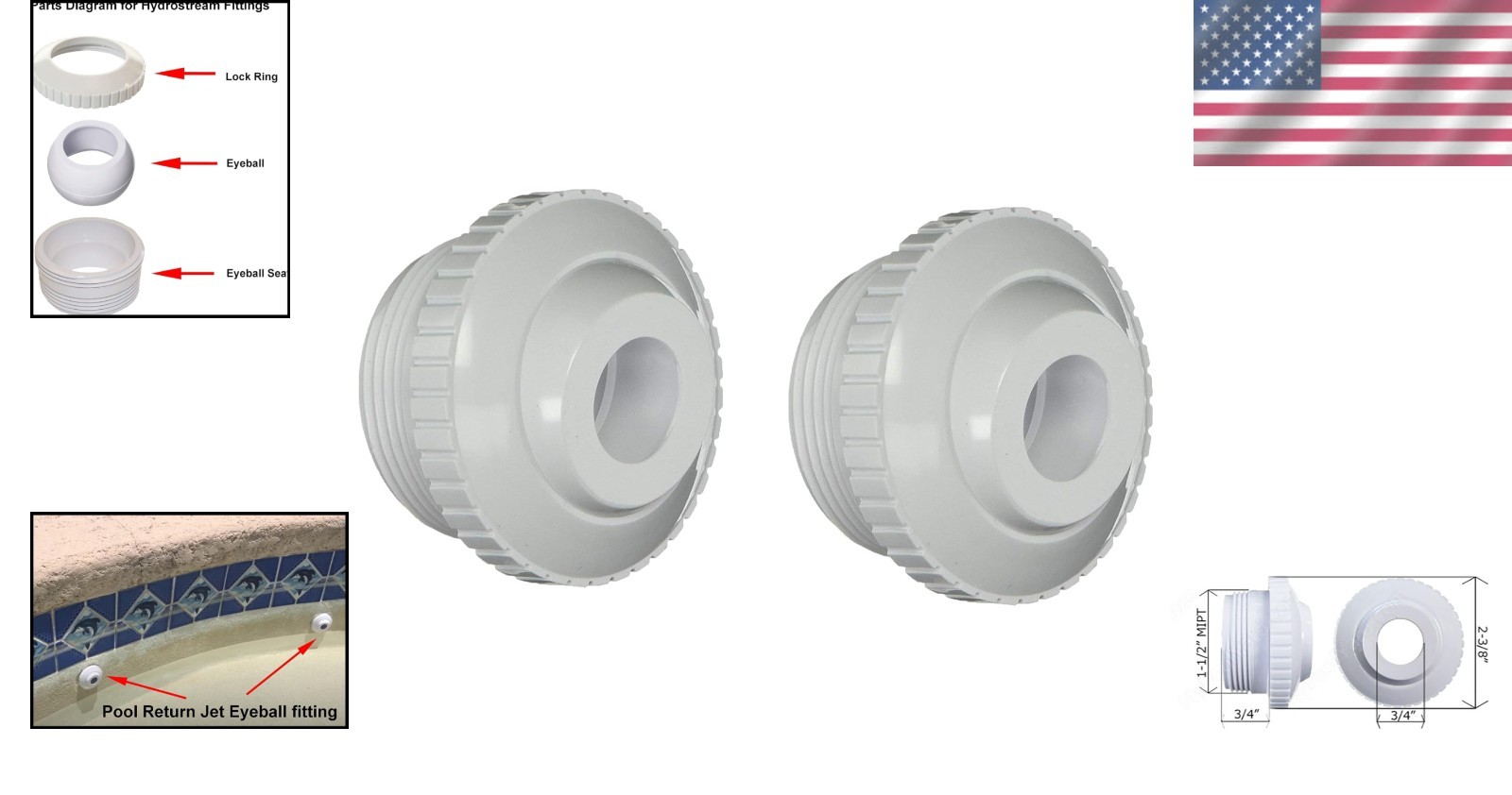 2-Pack Hydrostream Return Jets with Adjustable Eyeball for Pools & Spas