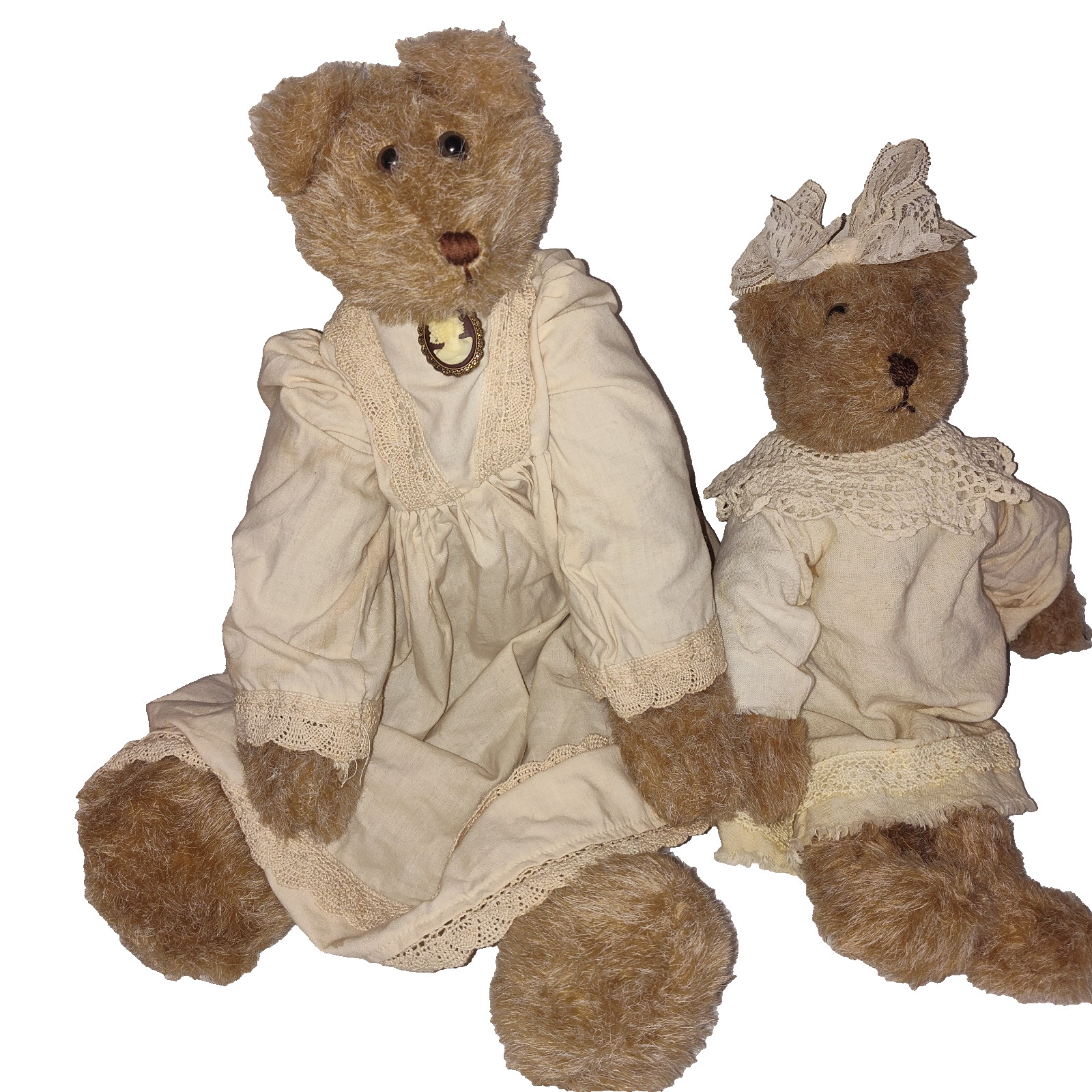 VTG 1980s Victorian Teddy Bear Set Lace Dress Bonnet Cameo Brooch Set of 2