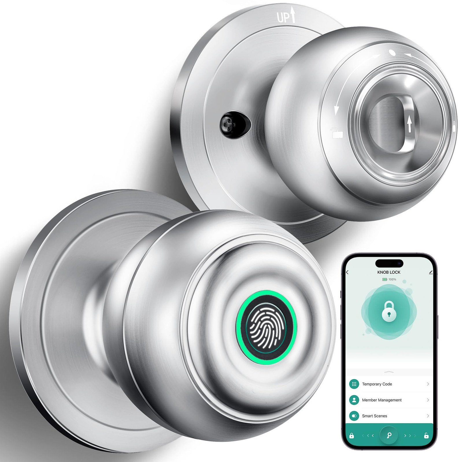 KLLOQUE Fingerprint Door Lock, Smart Knob 1 Piece, Silver