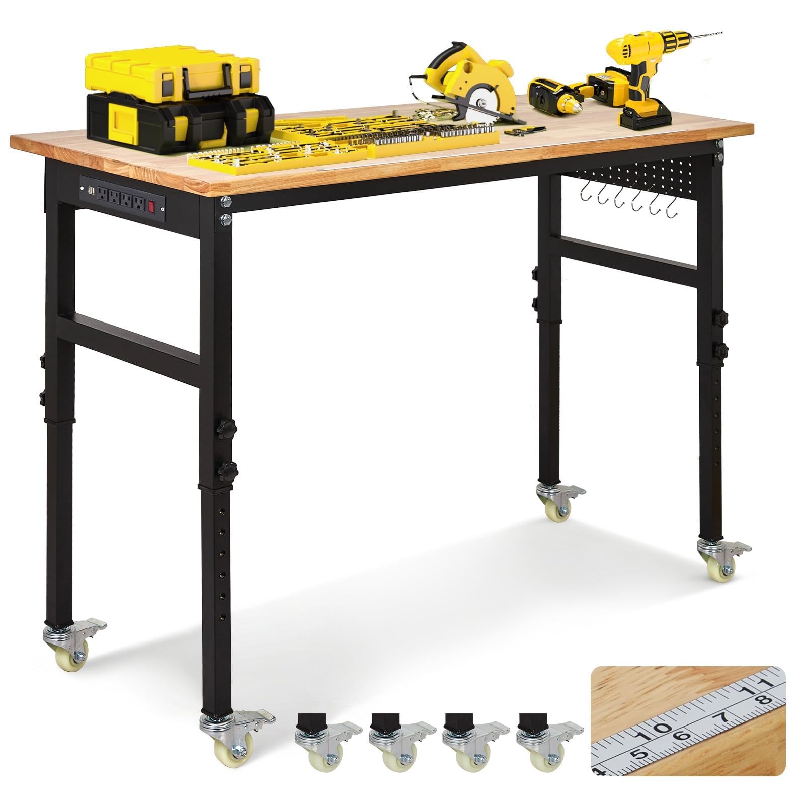 48" Adjustable Workbench w/ Power Outlet, Garage Work Table w/ Wheels & Pegboard