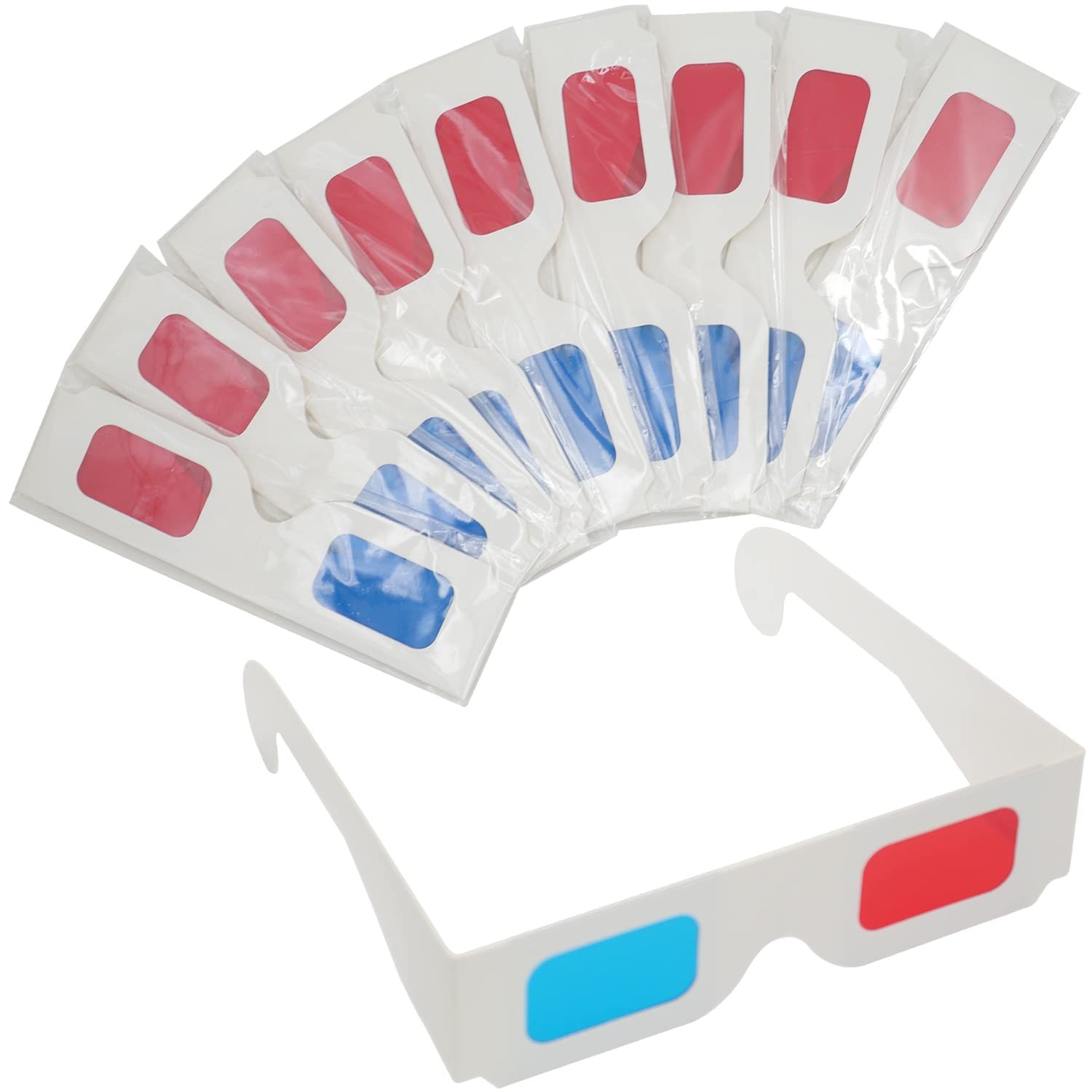 10 pares de gafas 3D de papel, con lentes rojas y cian en montura blanca.