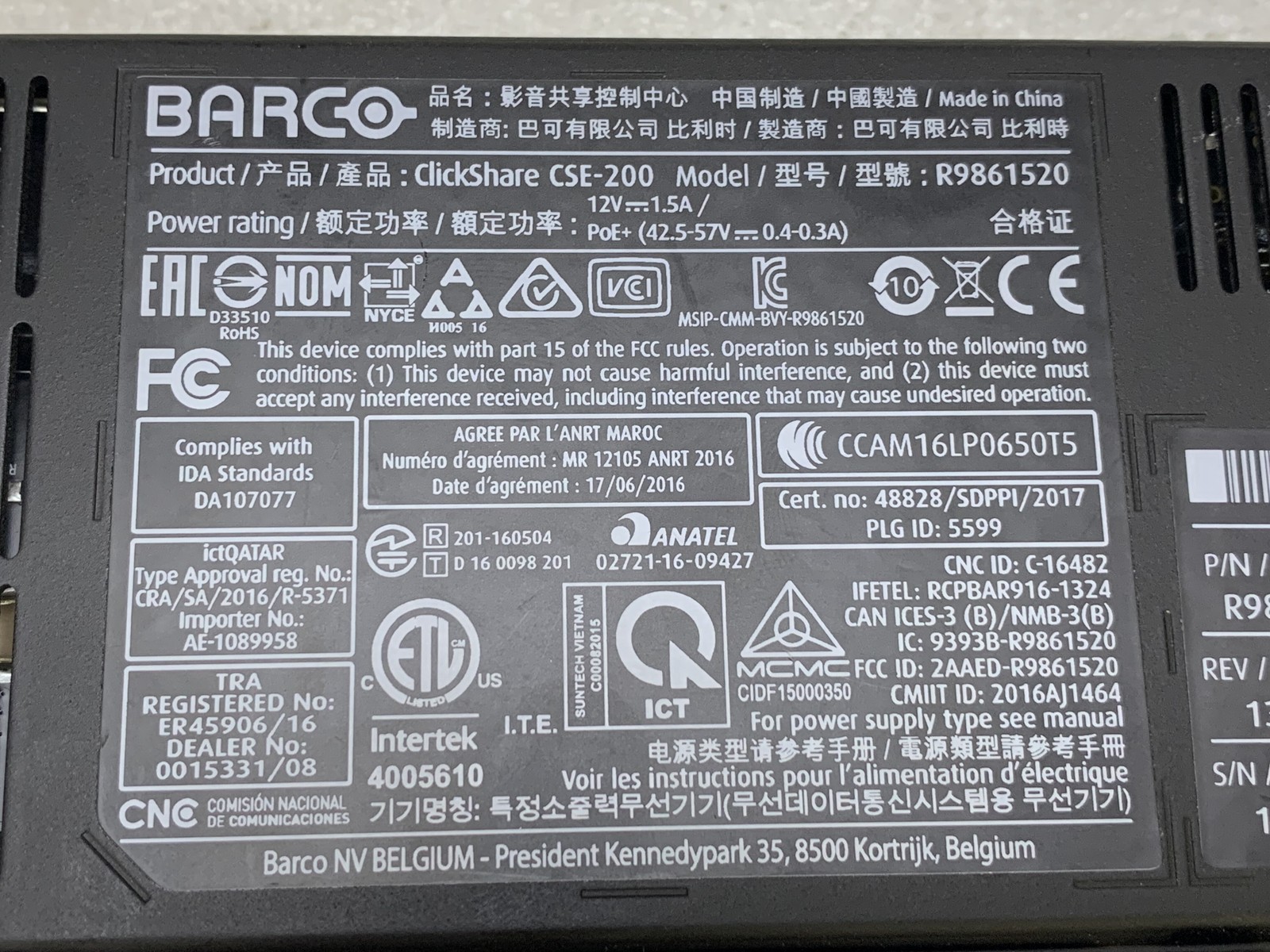 Barco Clickshare CSE-200 Wireless Presentation System w/ Antenna & PWR CABLE