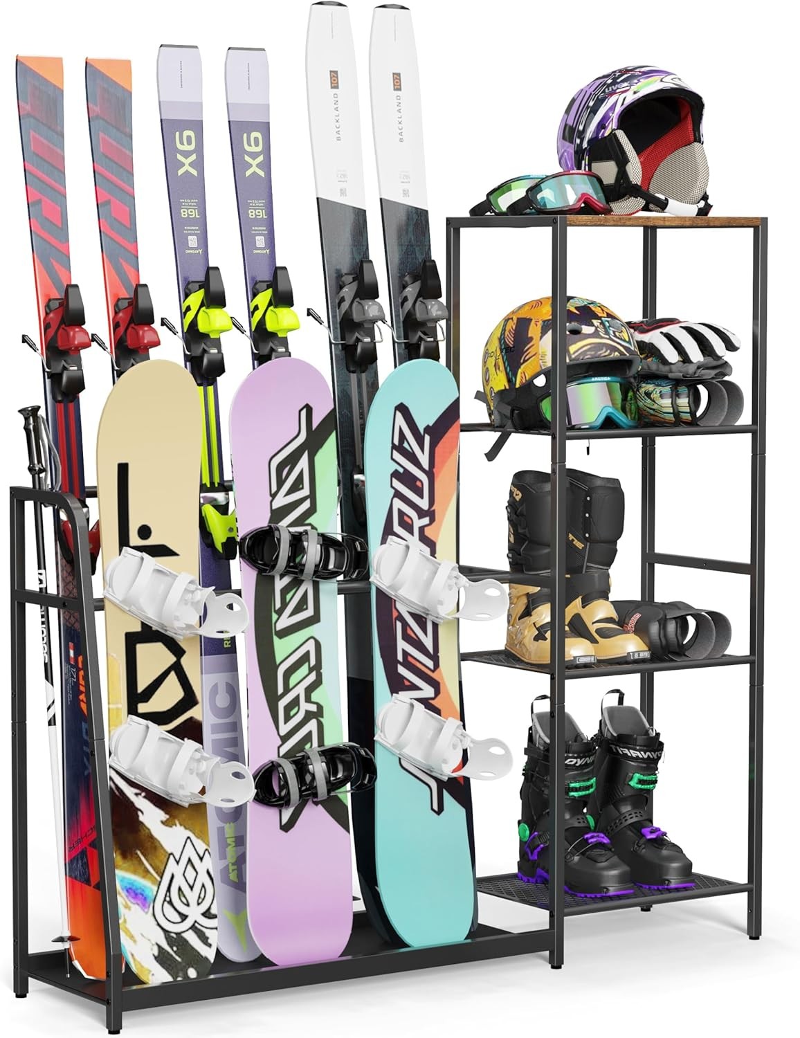 Freestanding ski rack - can hold 4 pairs of skis or 3 snowboards.