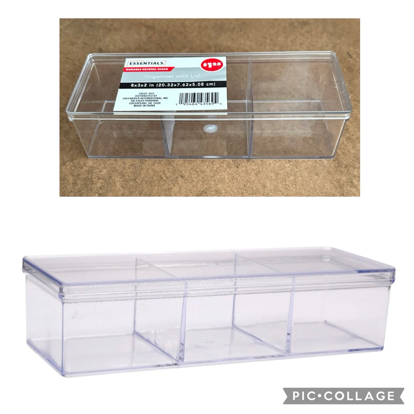 ESSENTIALS Clear Acrylic 3-Compartment Organizer Storage Box w/Lid - 8x3x2