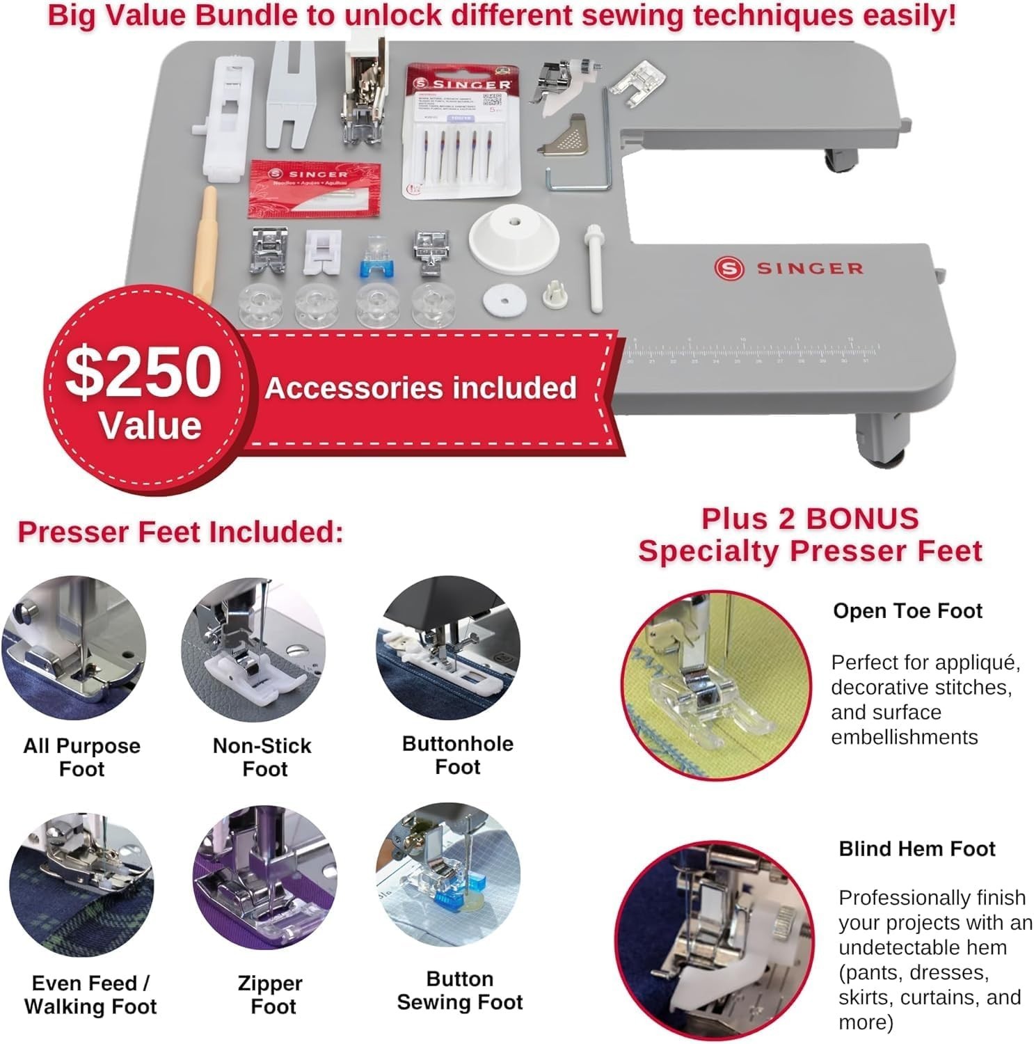 Singer 4452 Heavy Duty Sewing Machine Bundle w/ Table, 110 Stitches, LED Light
