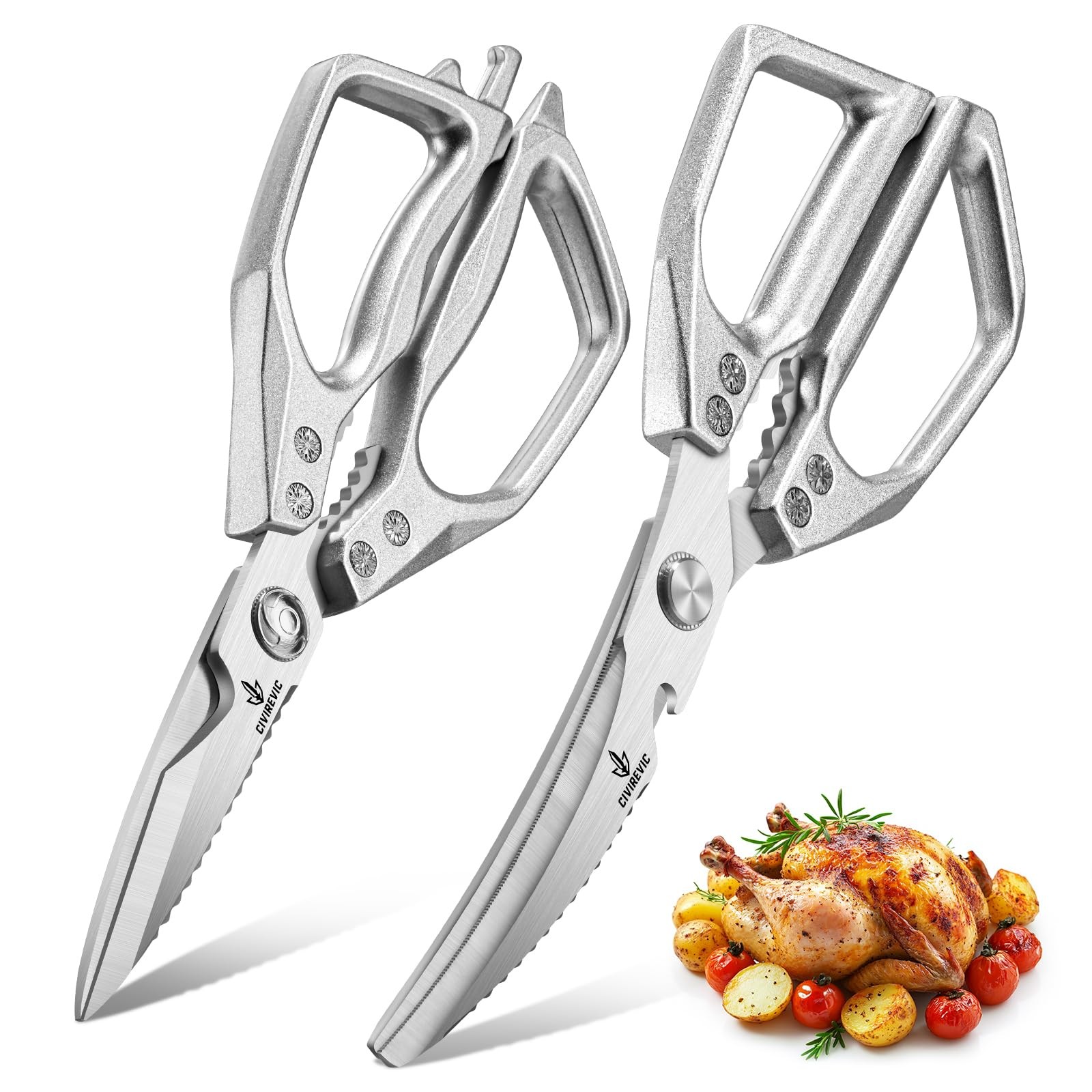 Heavy Duty Kitchen Shears 2 Pack, Two FullSize Stainless Steel Kitchen Scissors