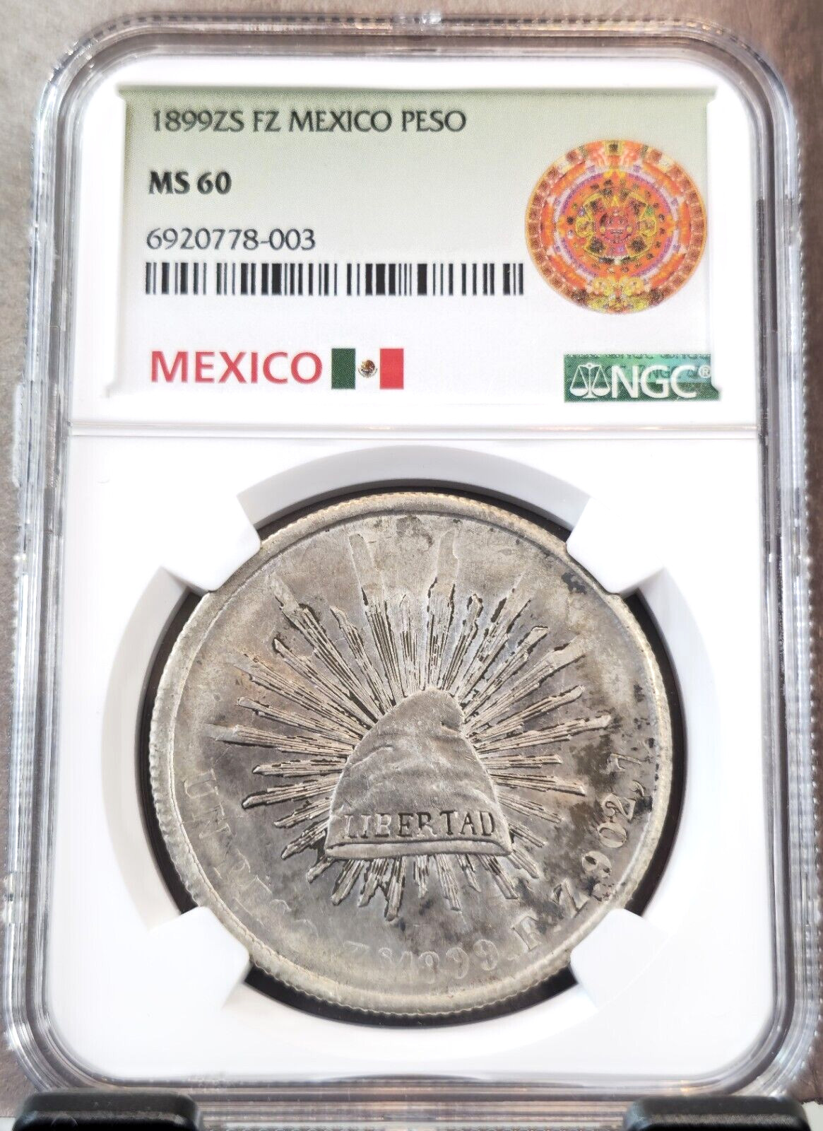 1899 Zs FZ MEXICO SILVER 1 PESO LARGE CAP & RAYS NGC MS 60 SCARCE MINT STATE