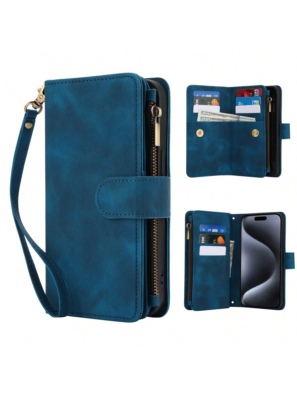 Blue Leather Wallet Phone Case With Card Slots Lanyard For iPhone & Galaxy