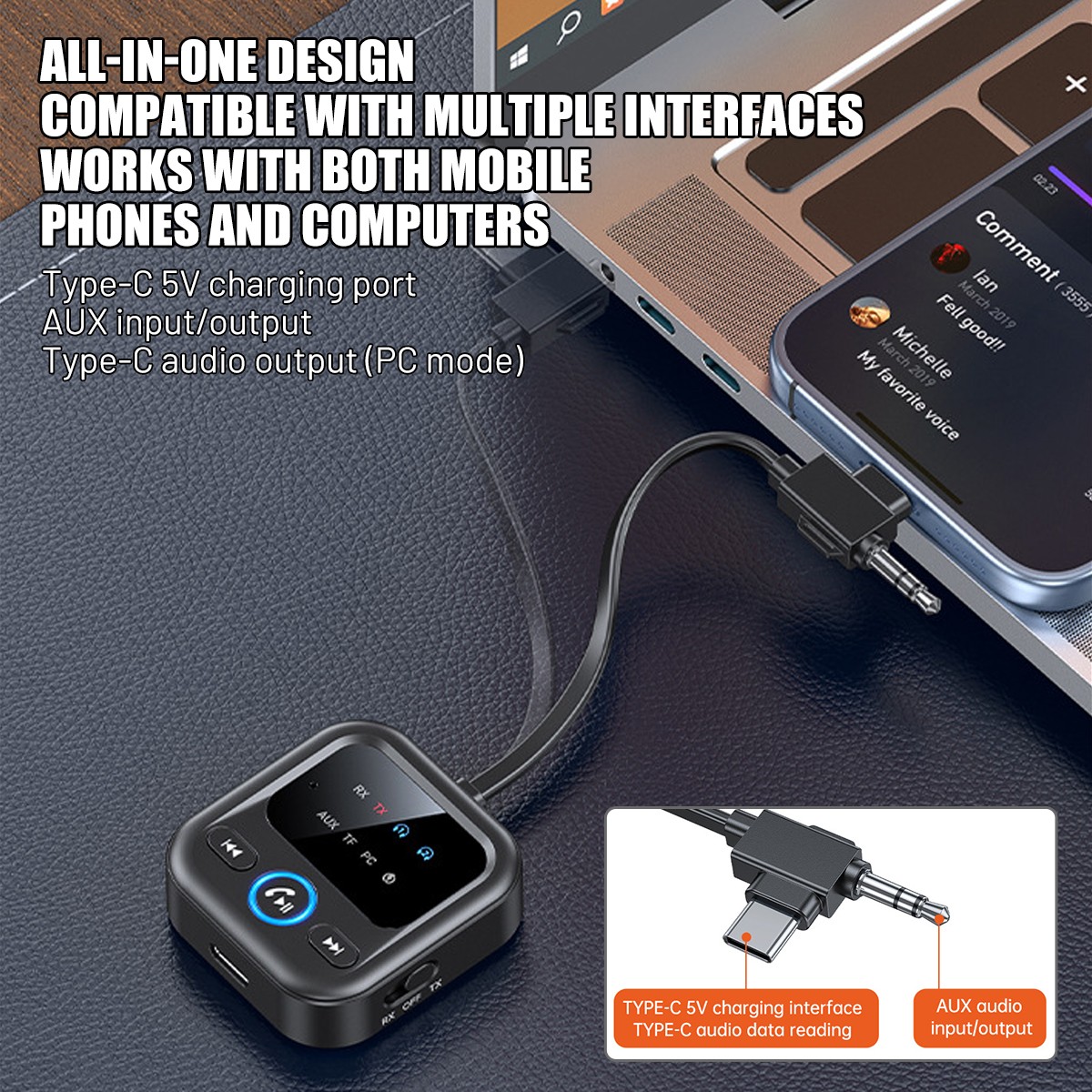4IN1 Wireless Bluetooth 6.0 Transmitter Receiver Adapter 3.5mm Jack Aux / USB C