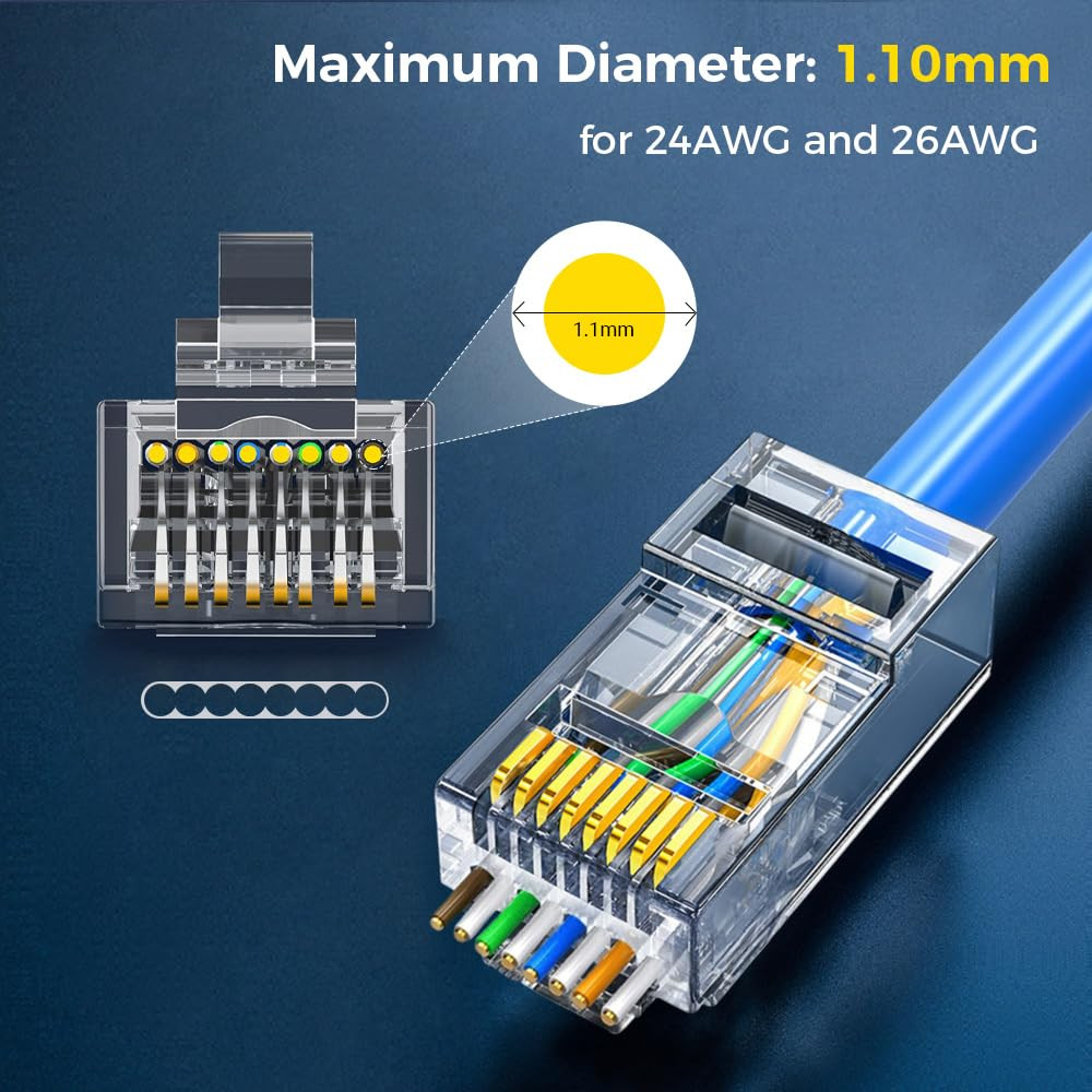 100-Pack RJ45 Cat6 Pass through Connector RJ45 Modular Plugs for Solid or Strand
