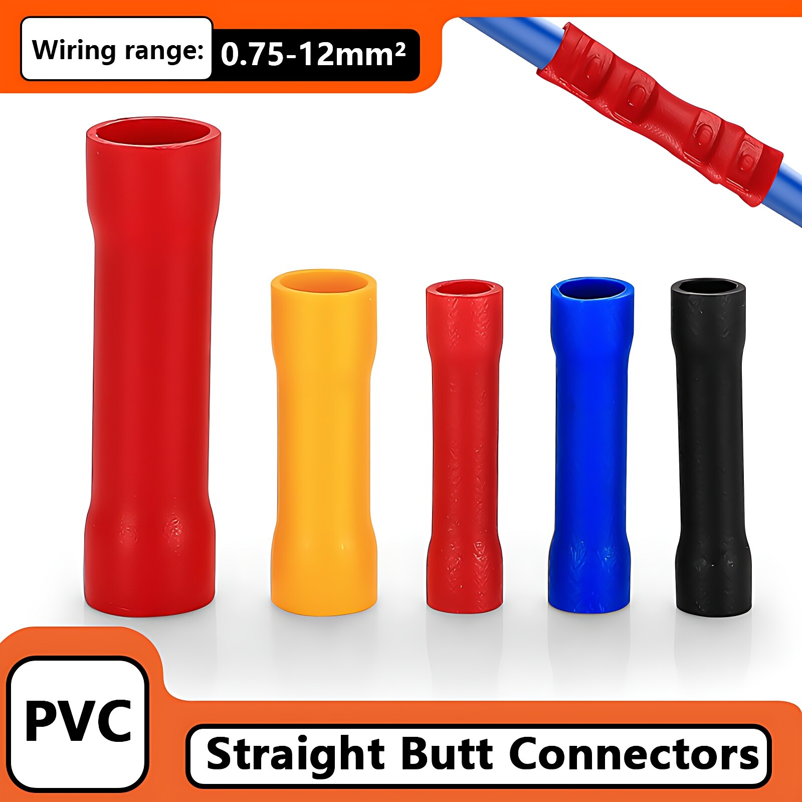 Insulated Straight Butt Connectors PVC Electrical Crimp On Terminals Wire Cable