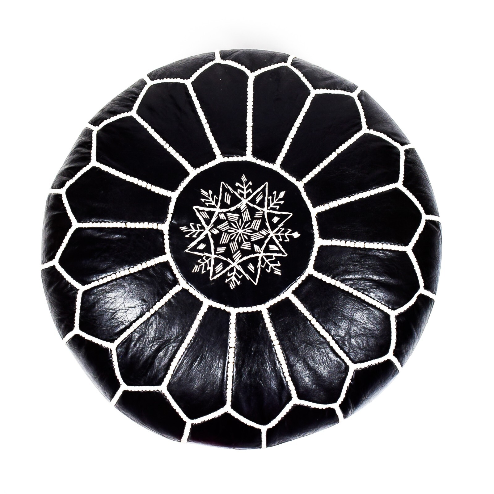Moroccan Handcrafted Leather Pouf, handmade leather pouf, White and black pouf,