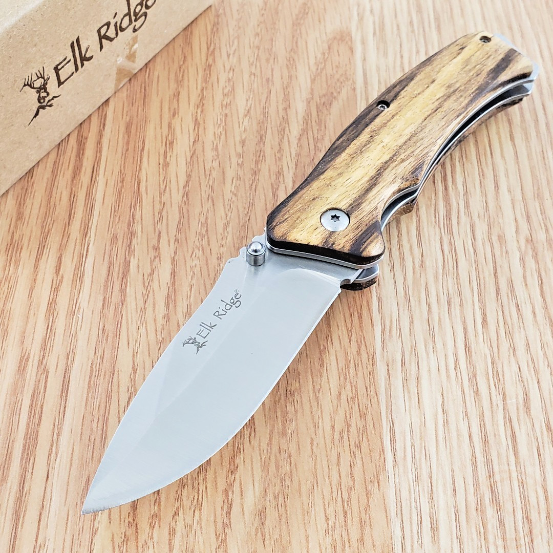 Elk Ridge Linerlock Folding Knife 3.25" 3Cr13 Steel Blade Zebra Wood Handle