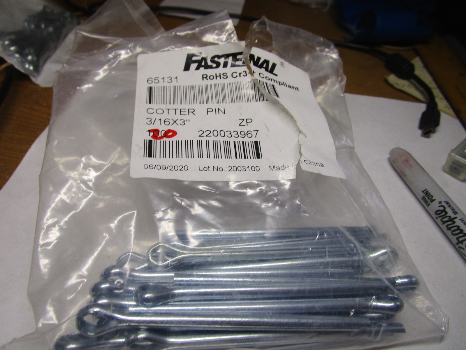3/16" x 3" Zinc Finish Extended Prong Cotter Pin QTY 20