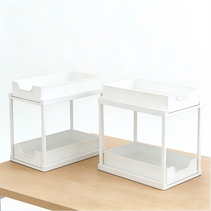 2Pcs White 2-Tier Pull Out Storage Shelf Kitchen Bathroom Counter Organizer