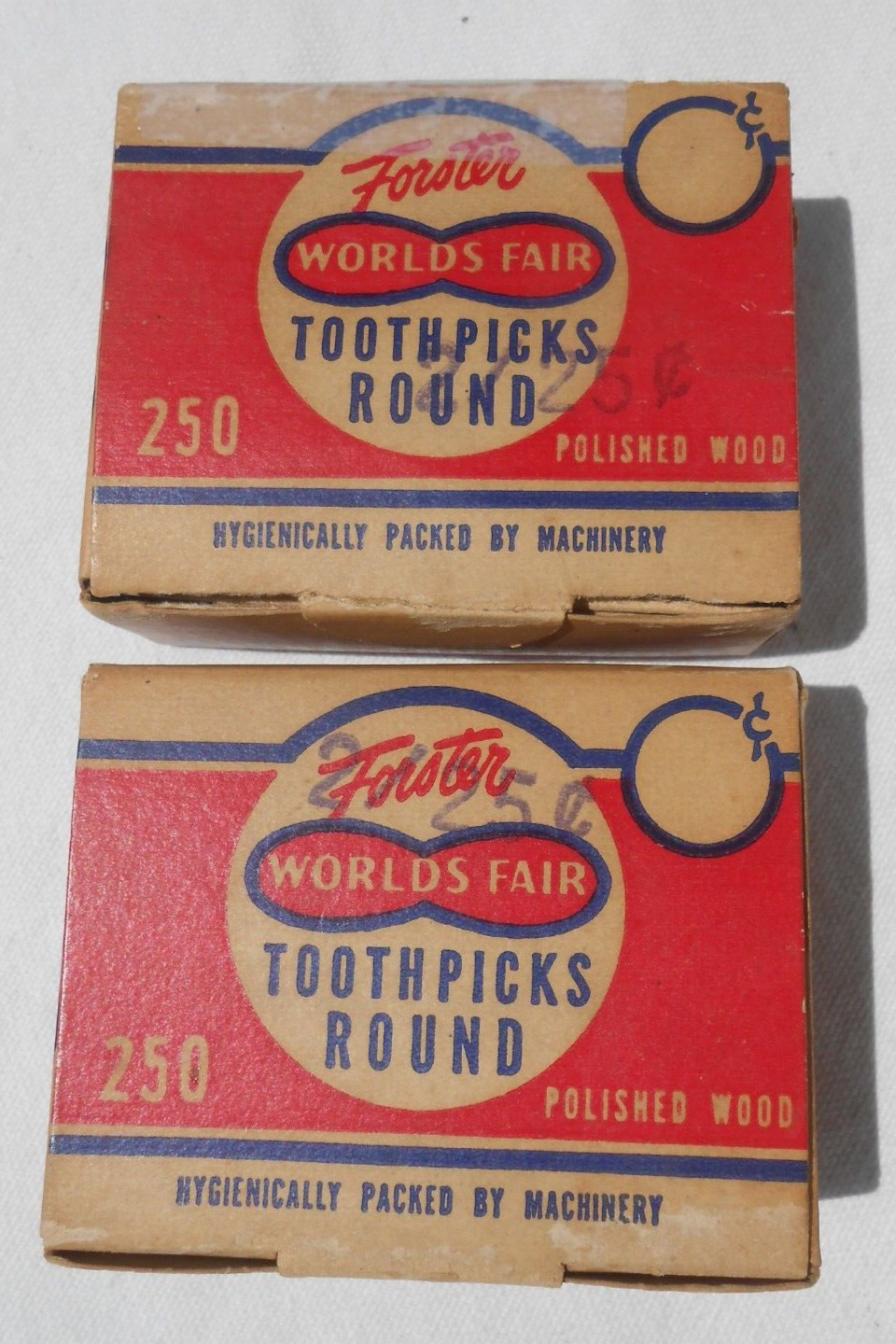 Vintage Forster Worlds Fair 2 Boxes of Round Polished Wood Toothpicks 1 Sealed