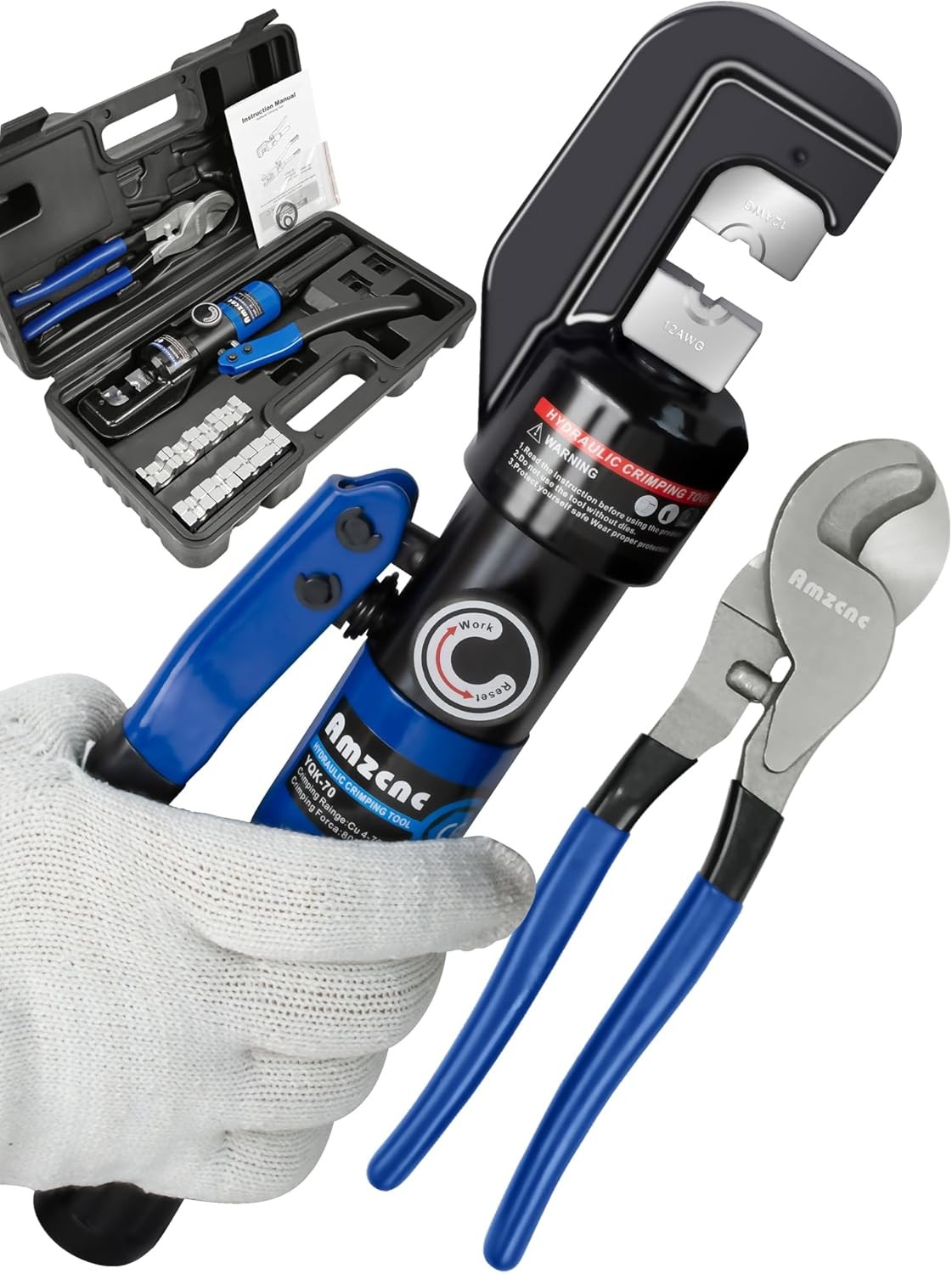 10 US TON Hydraulic Crimping Tool & Cable Cutter Set with 9 Dies for Electrical