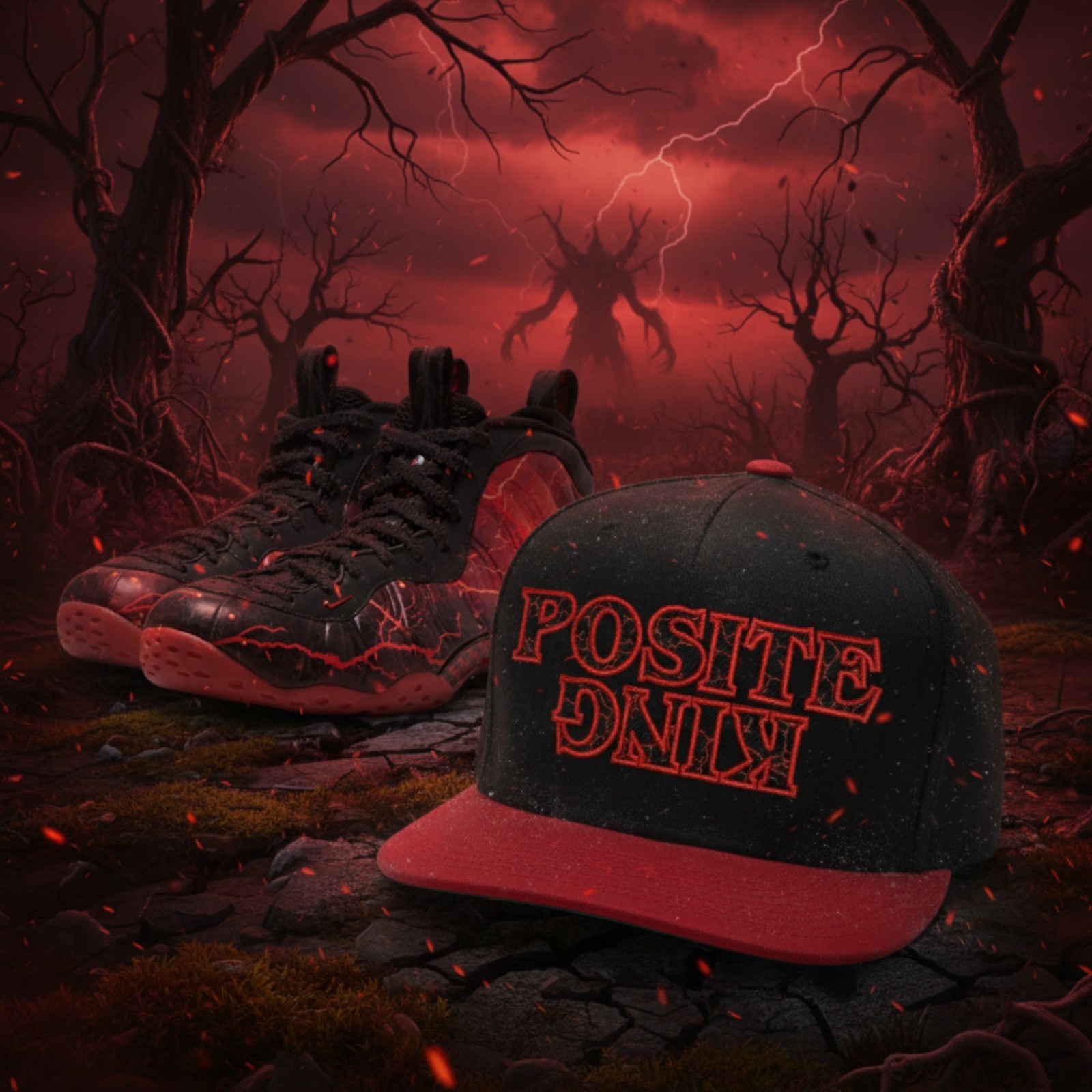Black/Red Posite King Snapback Hat For Stranger Th Foamposites
