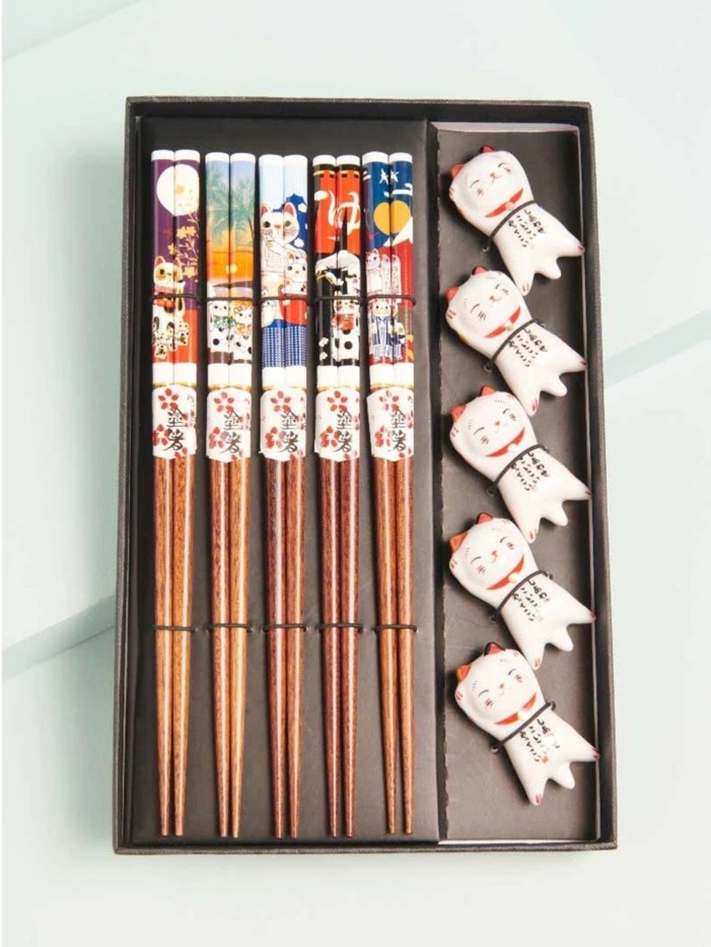 Earthbound Set of 5 Lucky Cat Chopsticks w/ Rests, NWT
